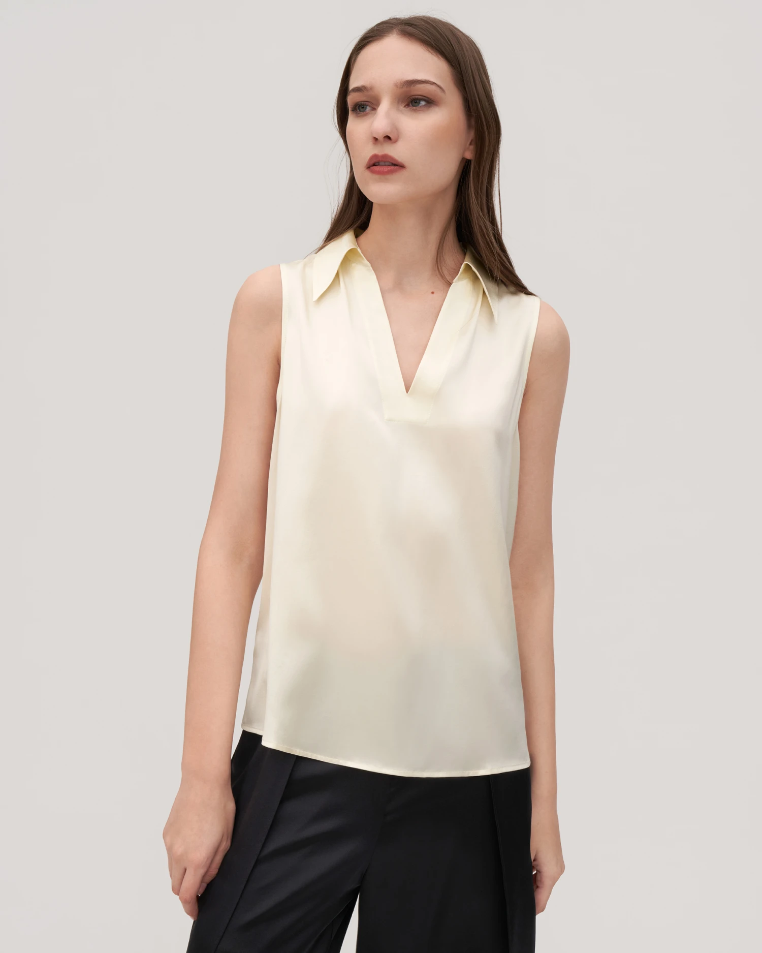 V-Neck Sleeveless Silk Violet Shirt For Women - Image 8