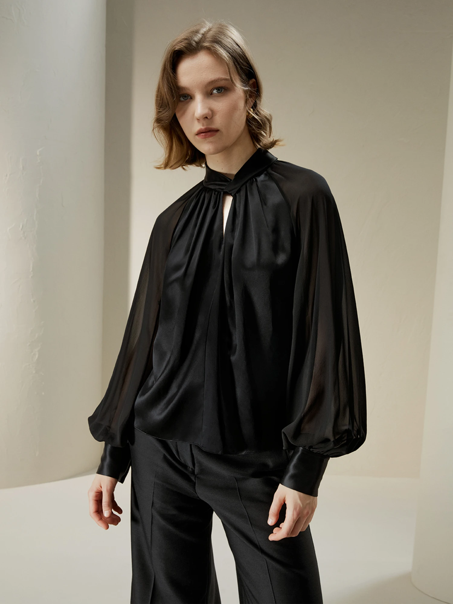 Evelyn Silk Blouse With Semi-Sheer Sleeves
