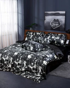 19MM 3PC Black Marbling Print Silk Duvet Cover Set