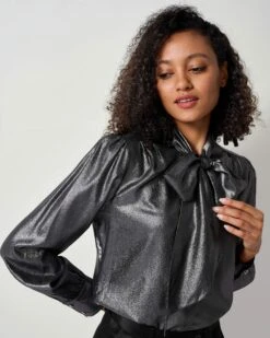 LILYSHEENA® Sophisticated Bow Tie Bronze Silk Blouse