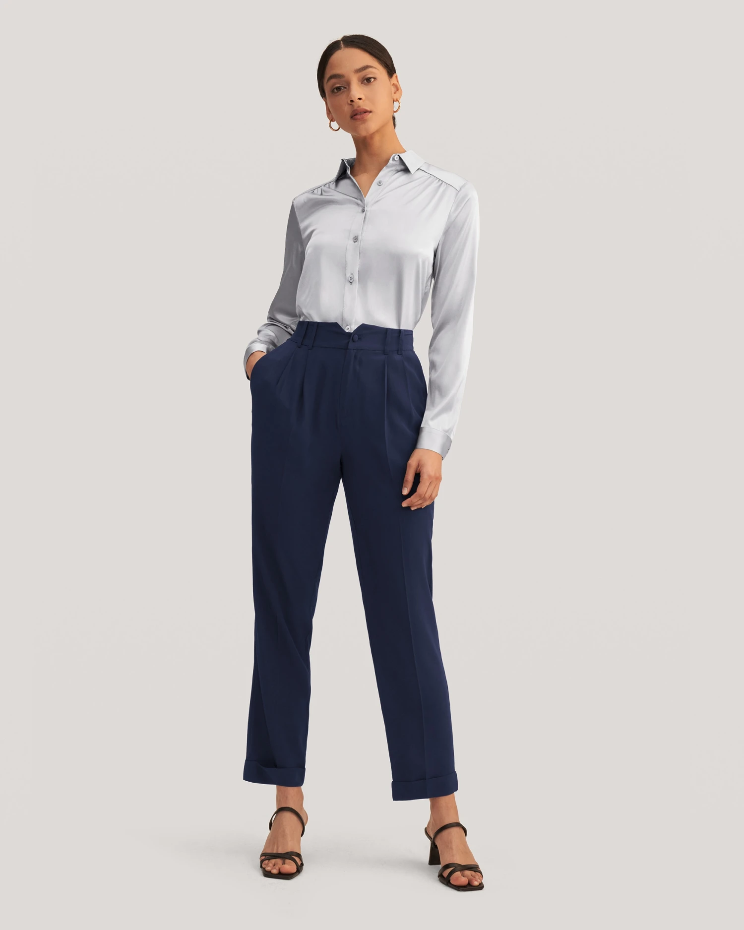 Women Tucked Tapered Silk Pants - Image 15