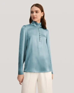 Pearl Button Mandarin Collar Stretch Silk Blouse