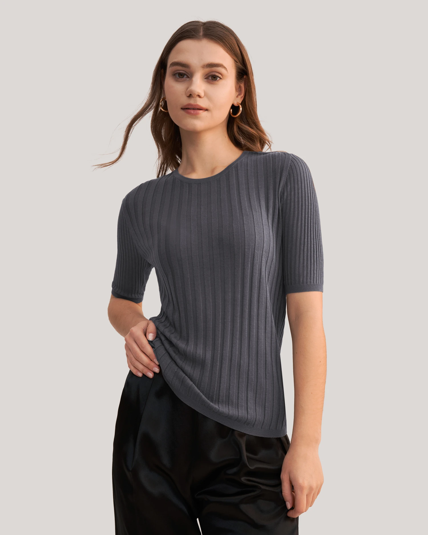 Short Sleeve Basic Silk Knit Tee - Image 8