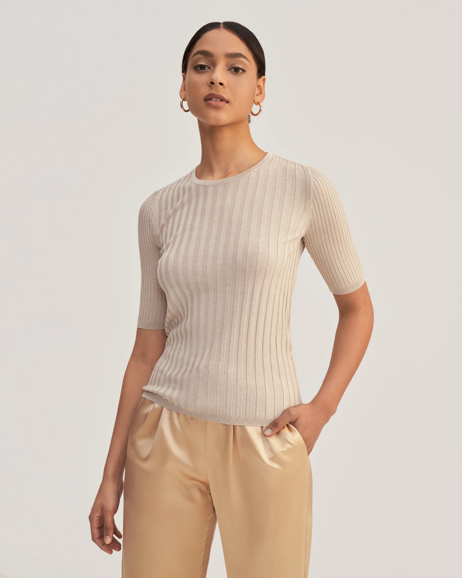 Short Sleeve Basic Silk Knit Tee - Image 15