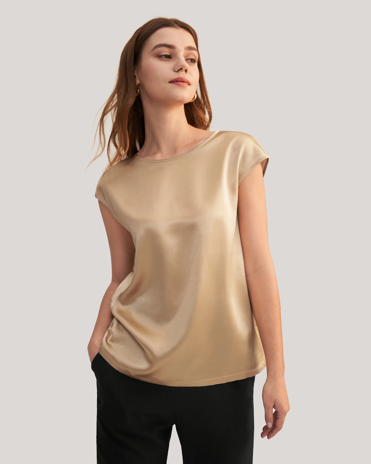 Basic Cap Sleeves Silk Tee For Women - Image 7