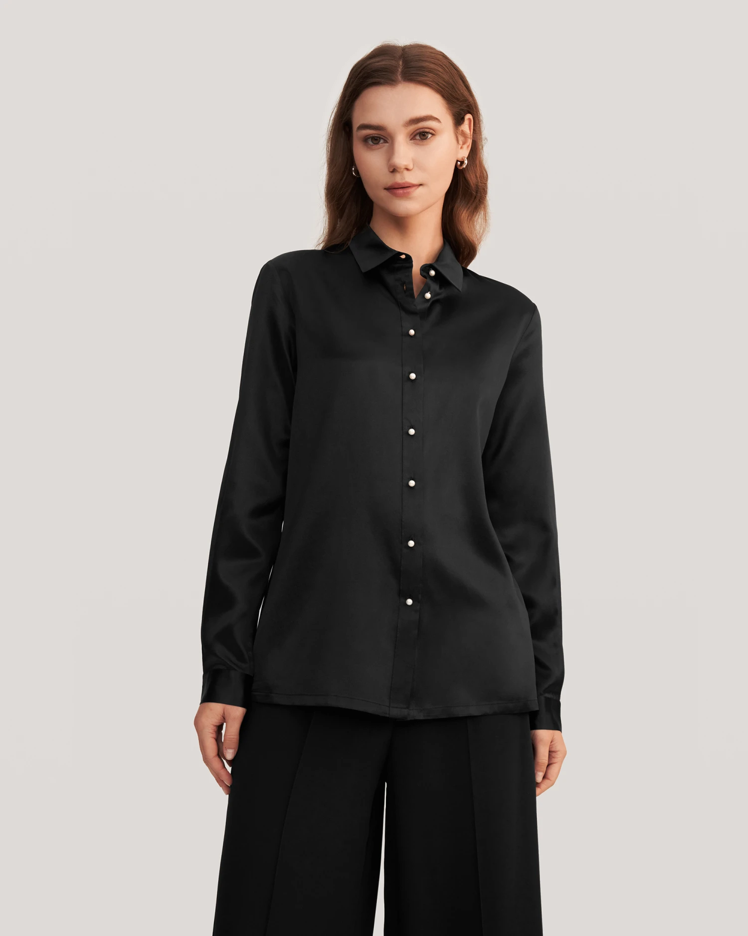 Women Classic Pearl Button Silk Shirt - Image 13