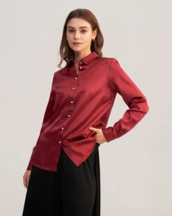 Women Classic Pearl Button Silk Shirt