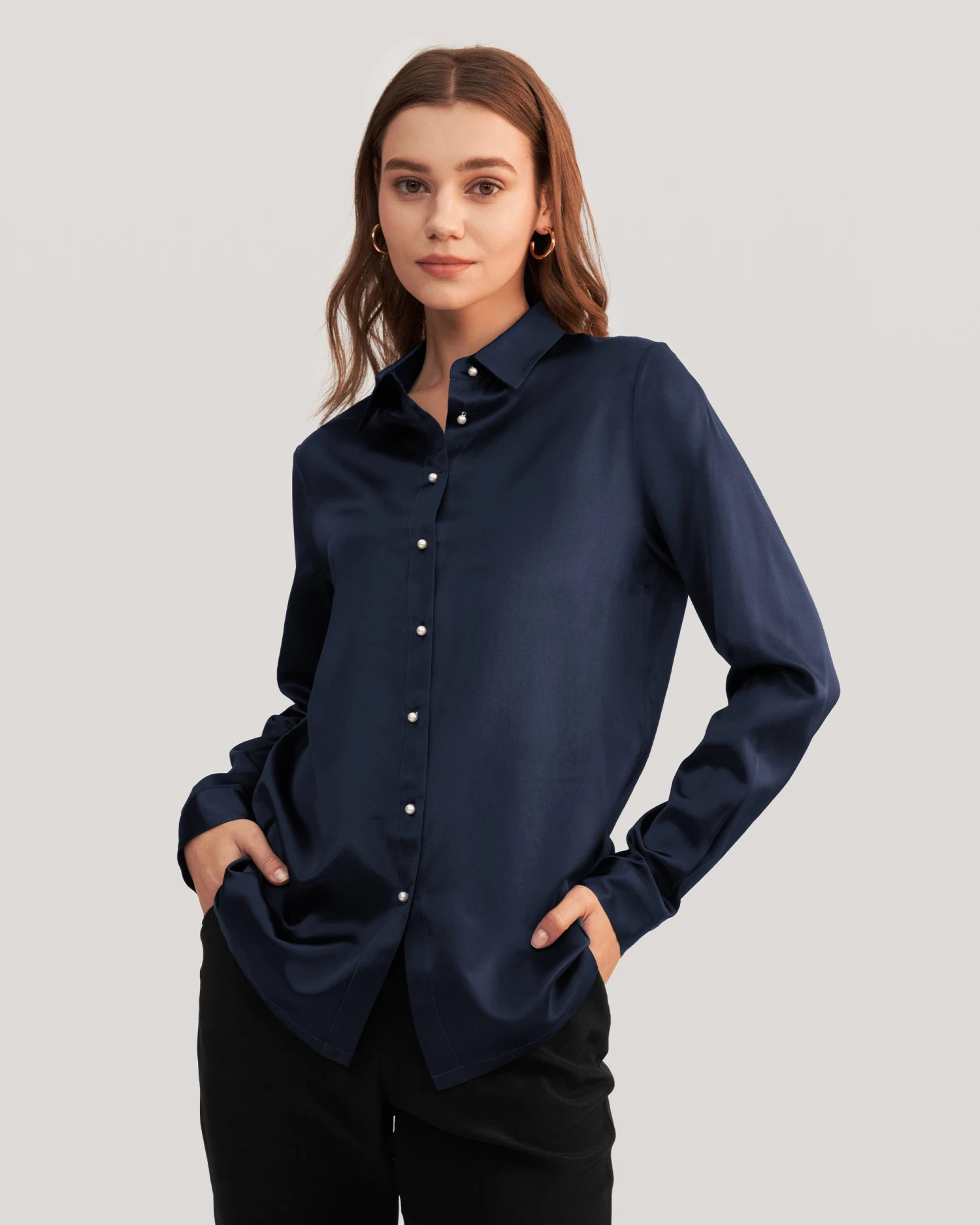 Women Classic Pearl Button Silk Shirt - Image 7