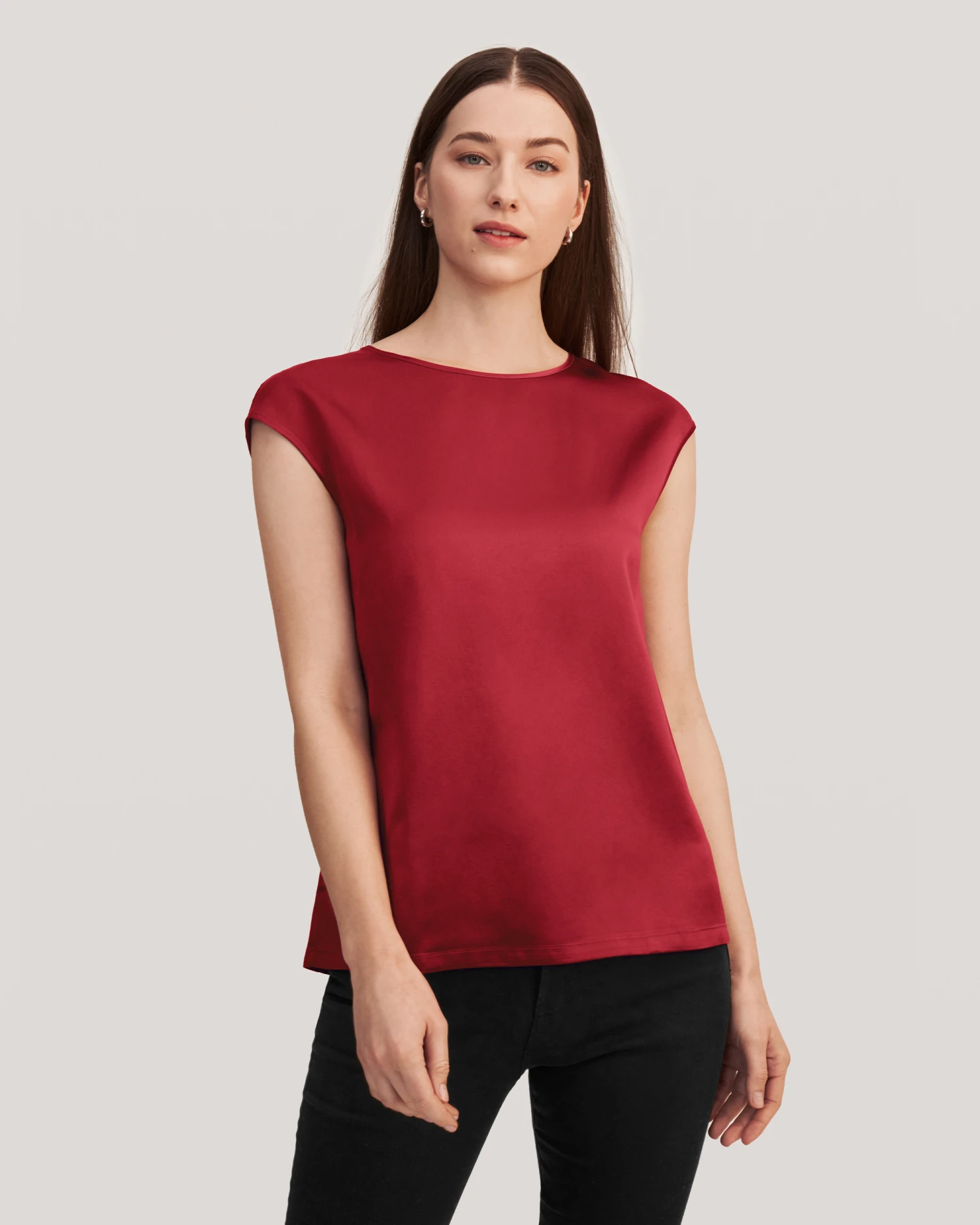 Basic Cap Sleeves Silk Tee For Women - Image 19