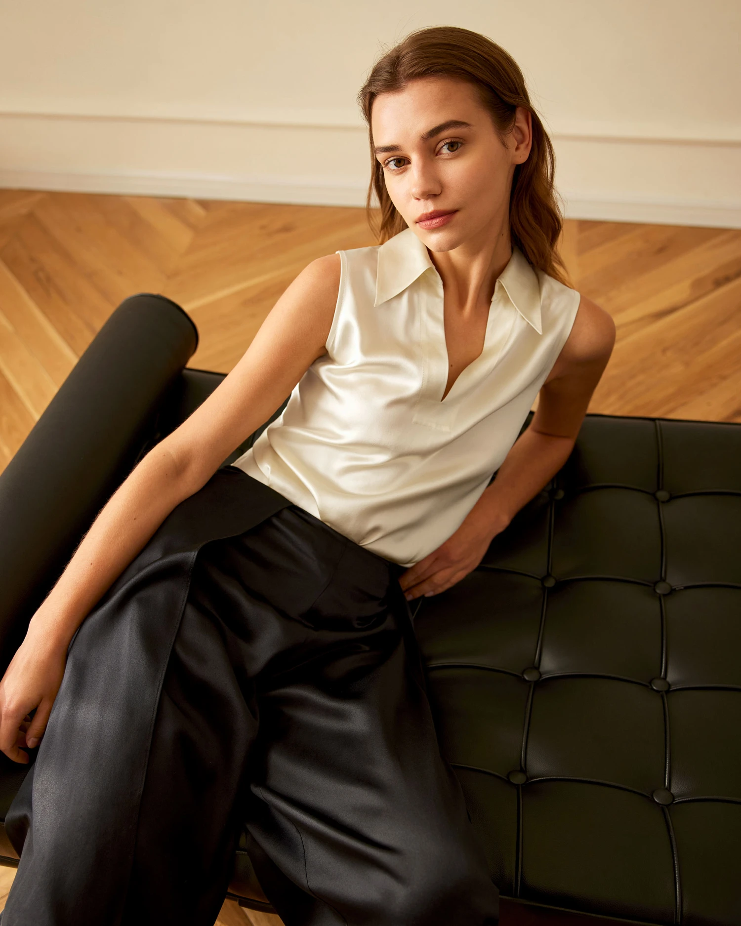 V-Neck Sleeveless Silk Violet Shirt For Women - Image 9