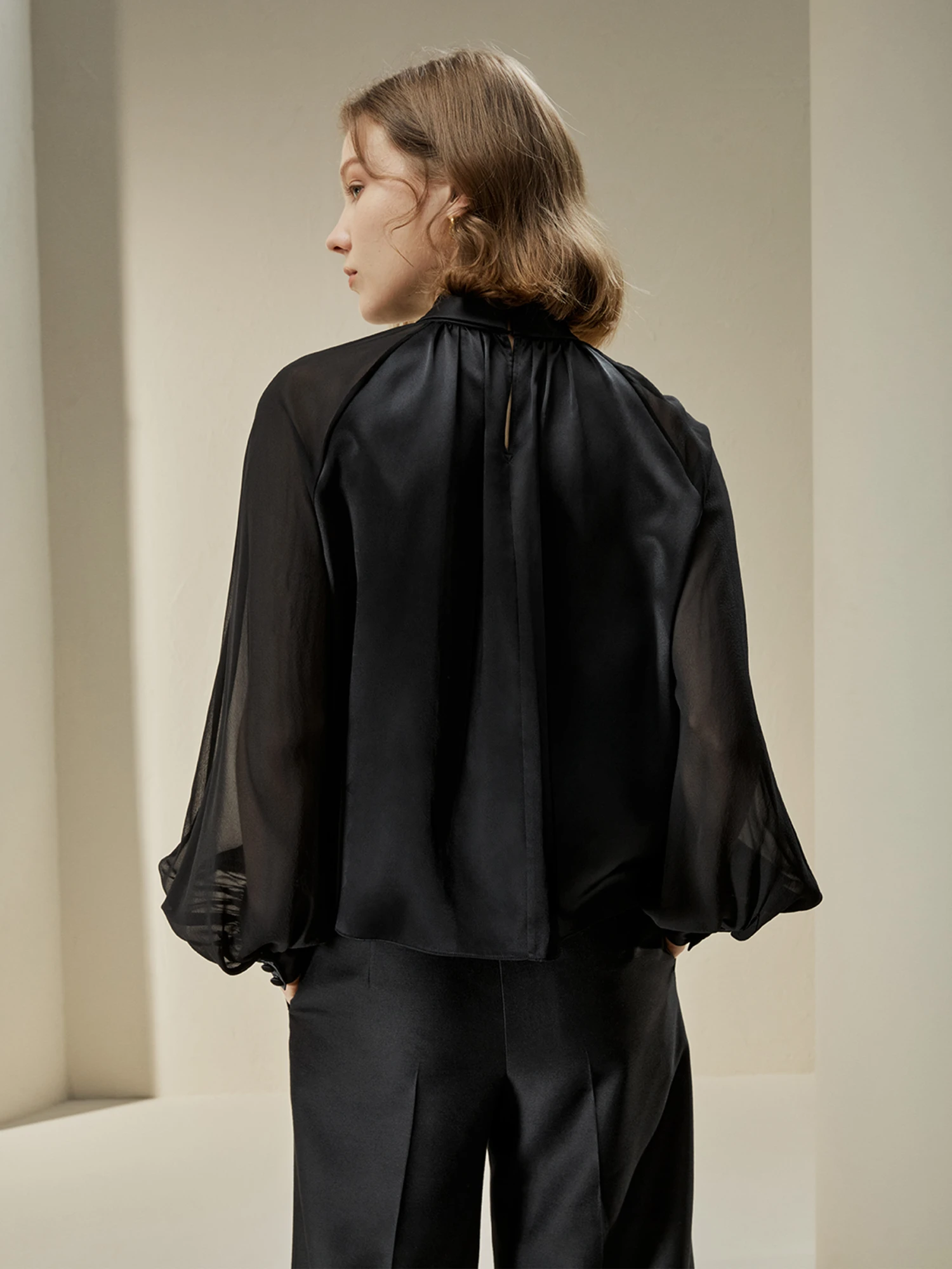 Evelyn Silk Blouse With Semi-Sheer Sleeves - Image 2