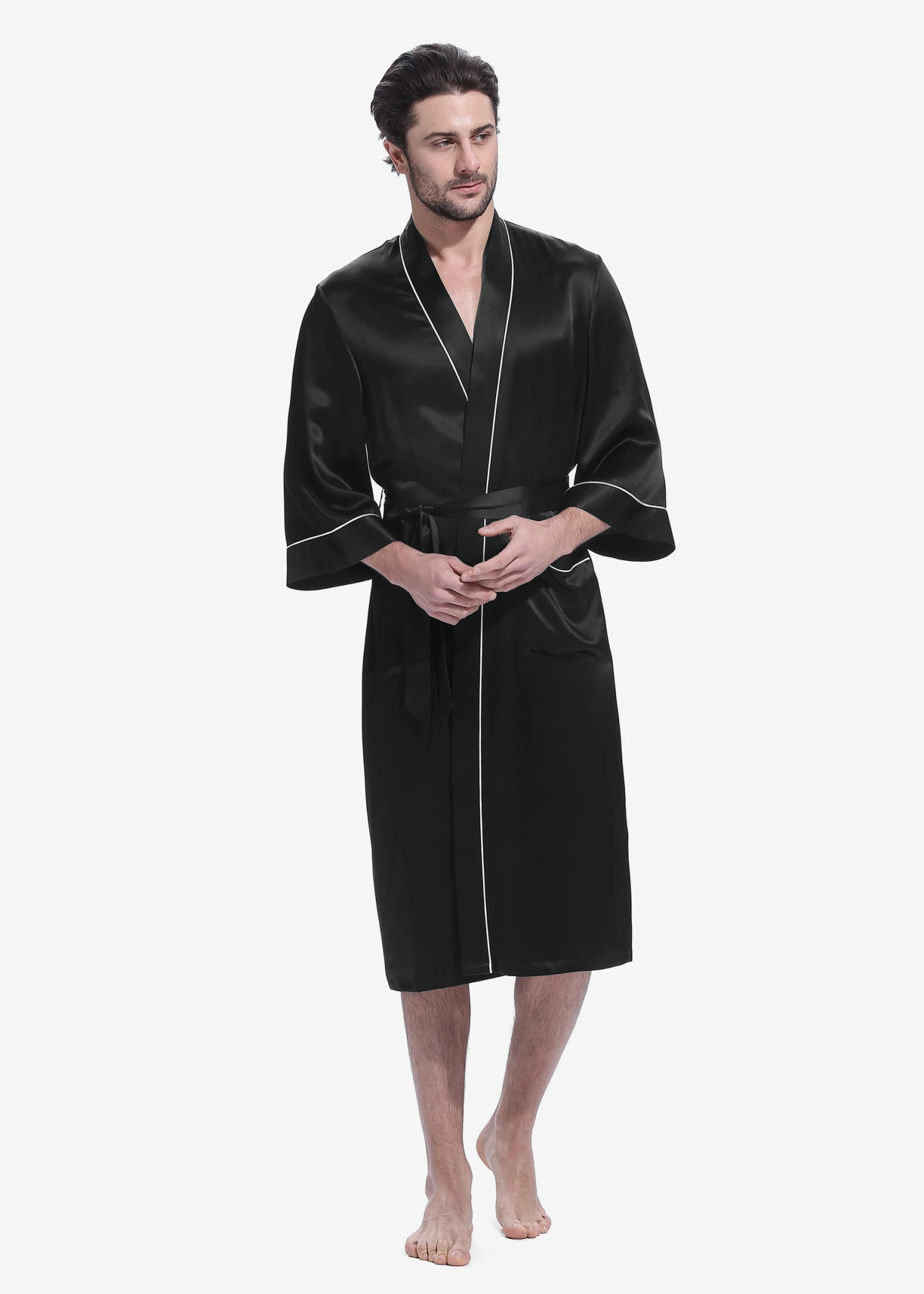 22 Momme Kimono Silk Robe With Piping - Image 3