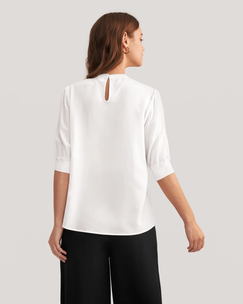 Elegant Casual Silk Tee With Rib Cuff - Image 9