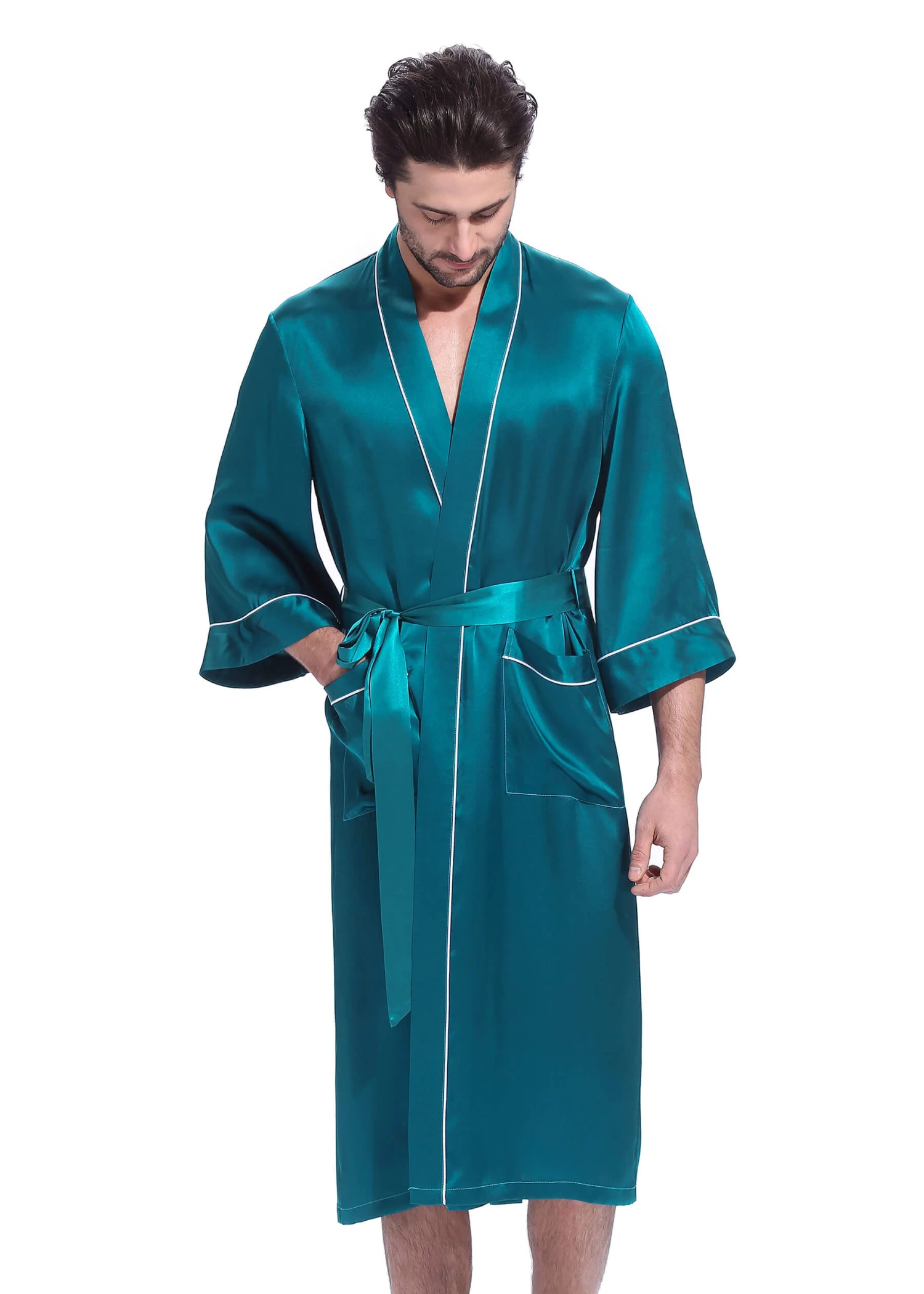 22 Momme Kimono Silk Robe With Piping - Image 18