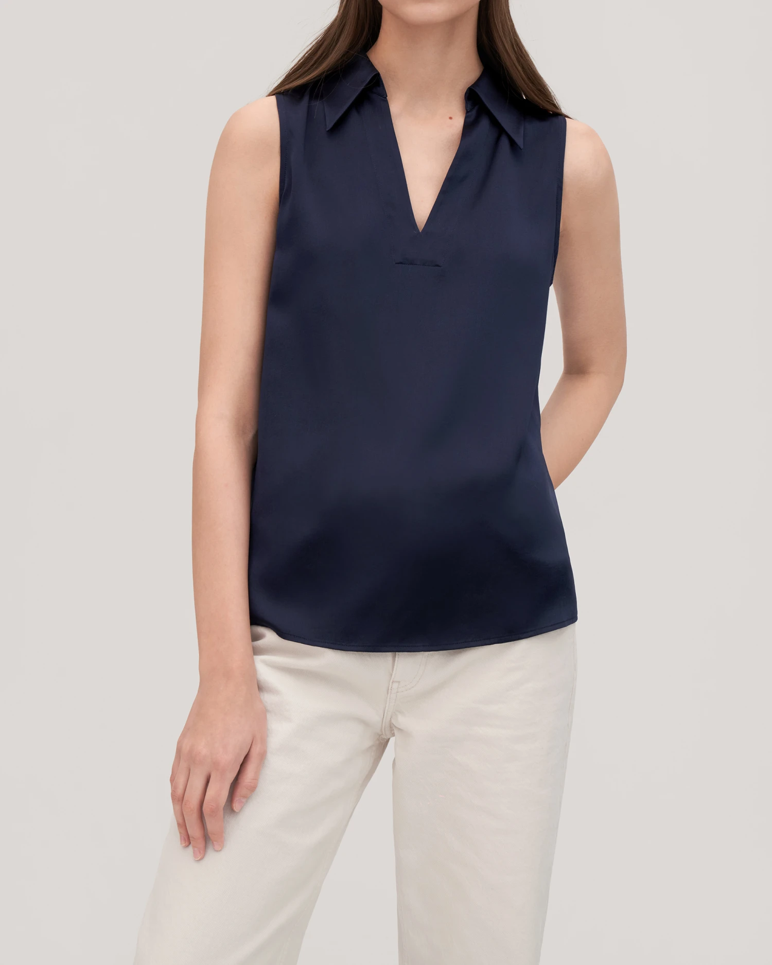 V-Neck Sleeveless Silk Violet Shirt For Women - Image 2