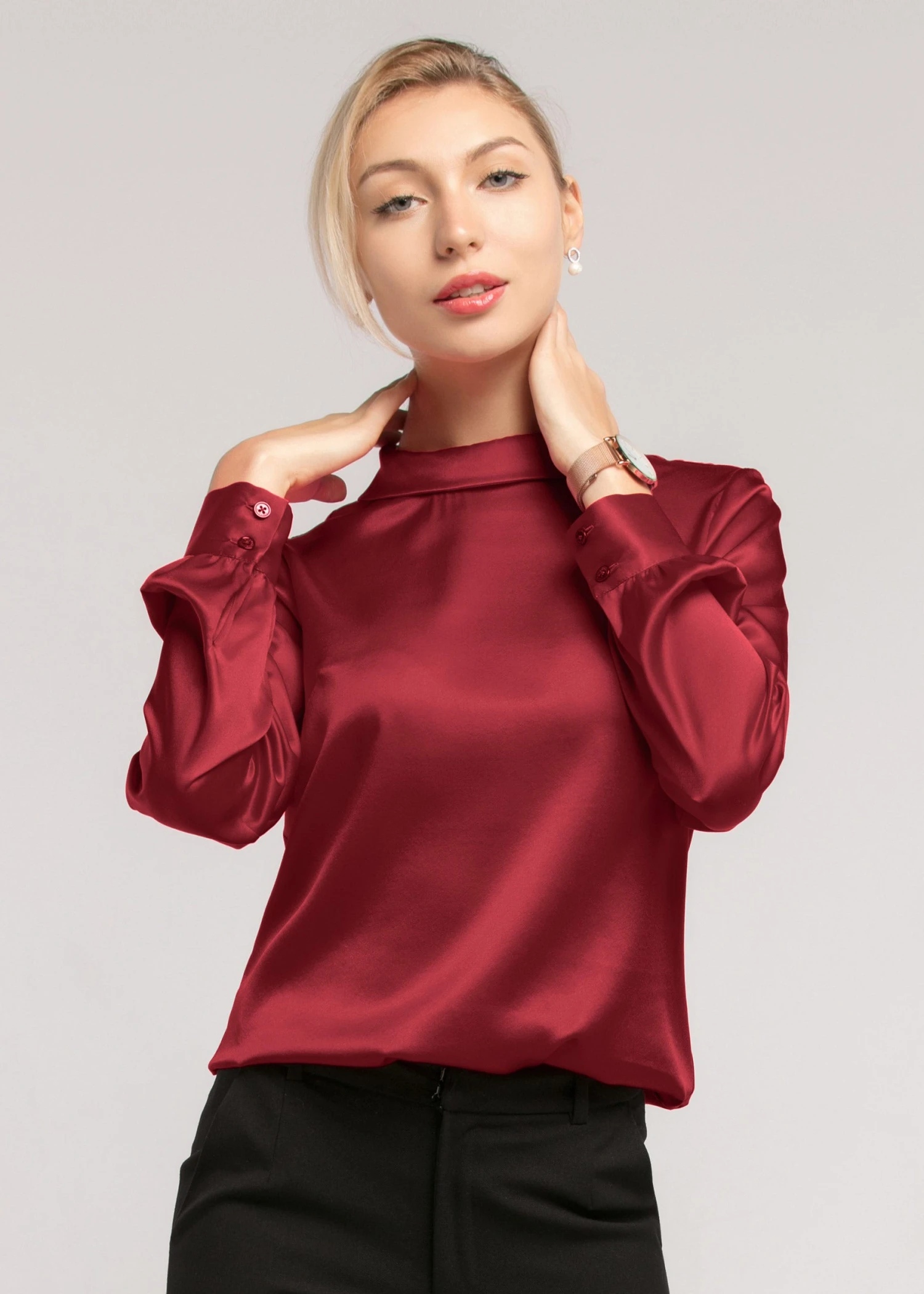 Stand Collar Long Sleeves Silk Blouse - Image 8
