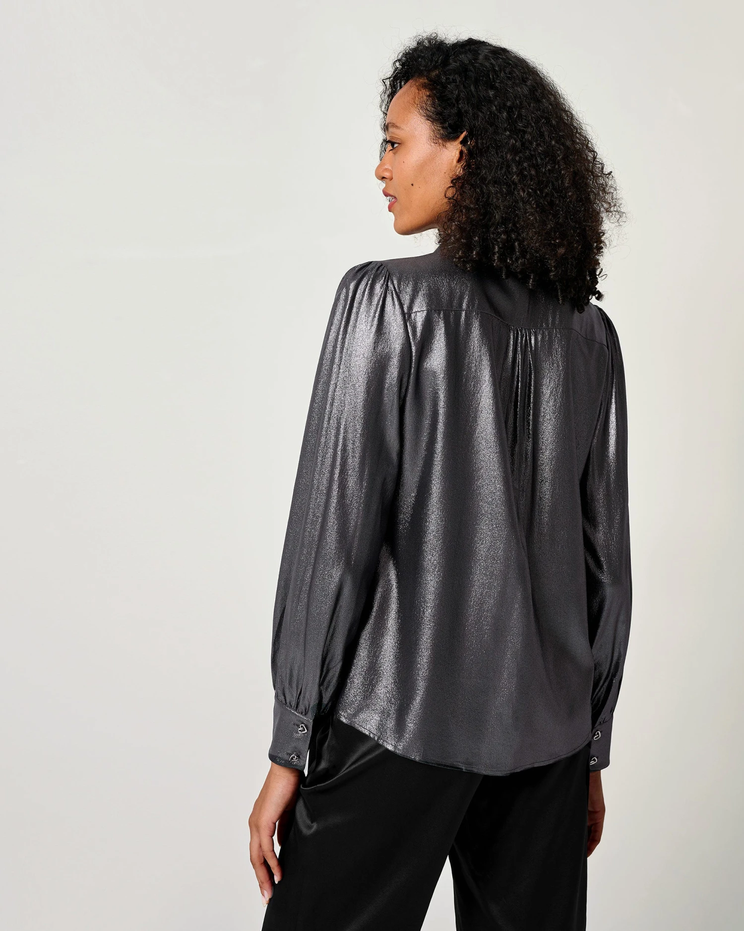 LILYSHEENA® Sophisticated Bow Tie Bronze Silk Blouse - Image 2