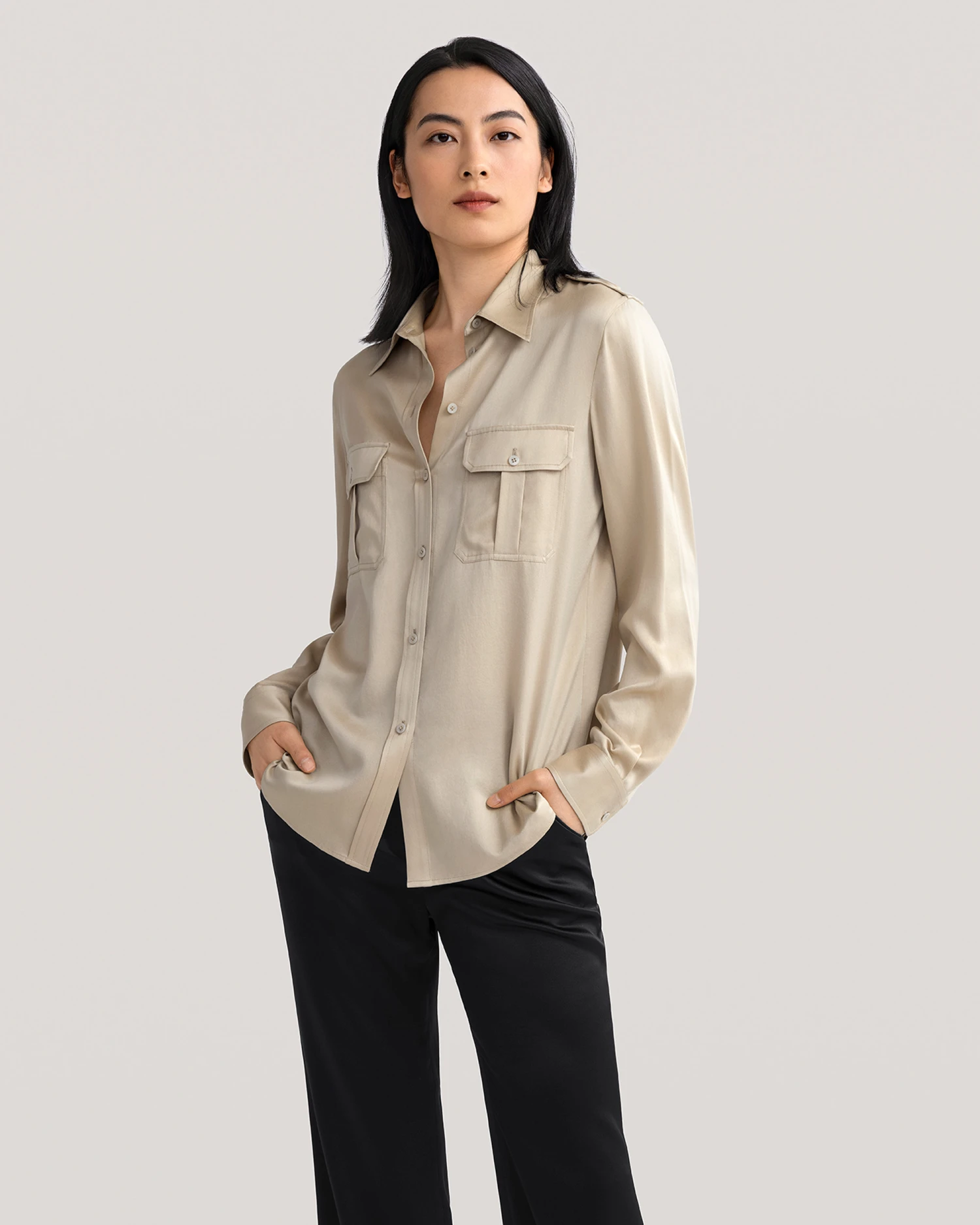 Sandwashed Silk Shirt With Epaulettes - Image 9