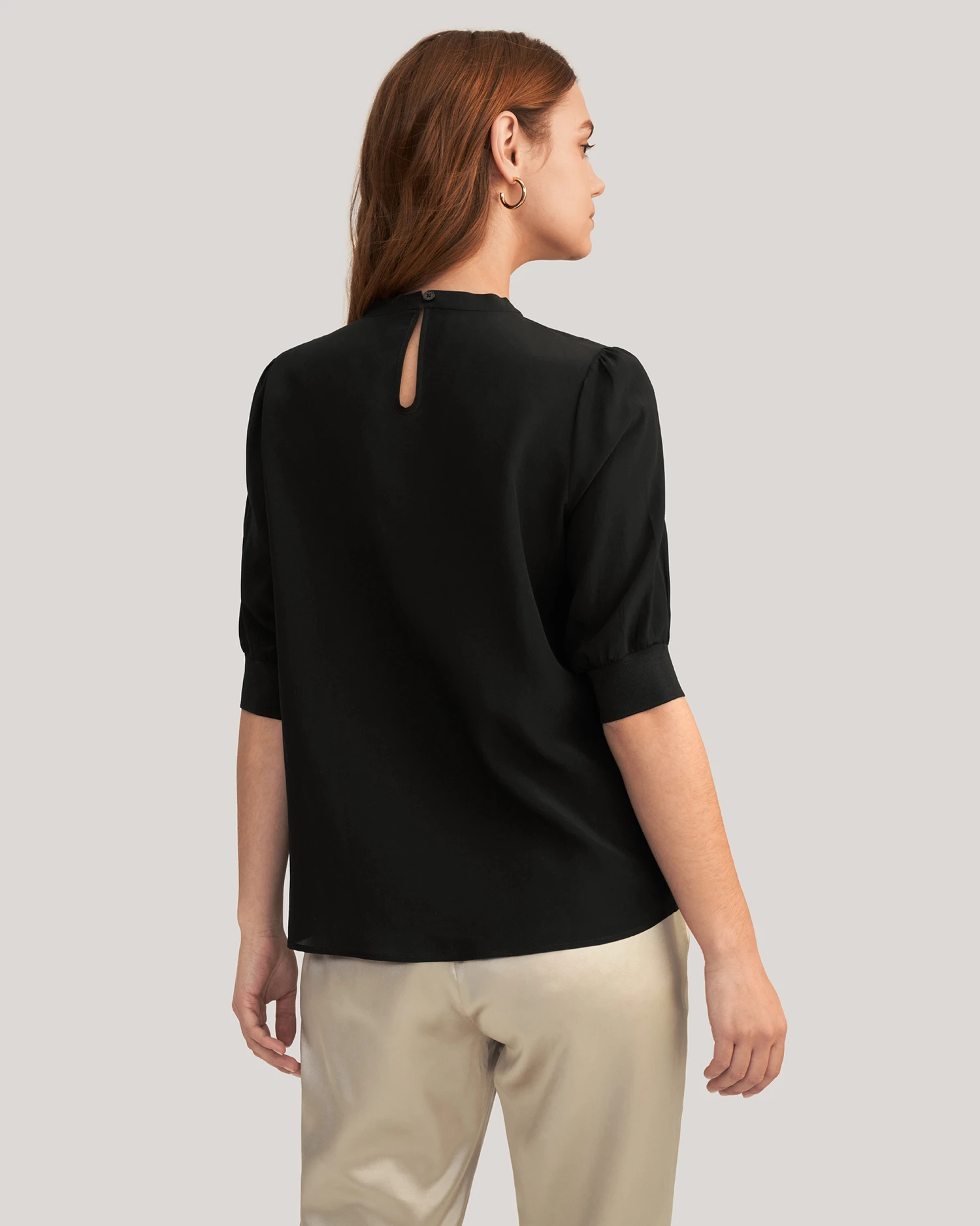 Elegant Casual Silk Tee With Rib Cuff - Image 16