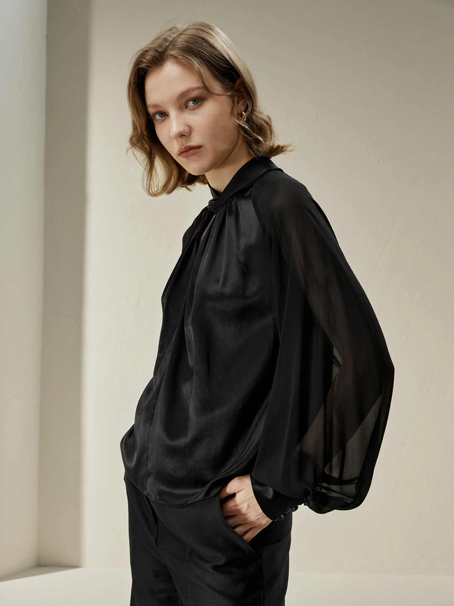 Evelyn Silk Blouse With Semi-Sheer Sleeves - Image 3