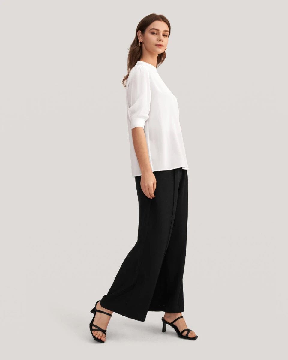 Elegant Casual Silk Tee With Rib Cuff - Image 10