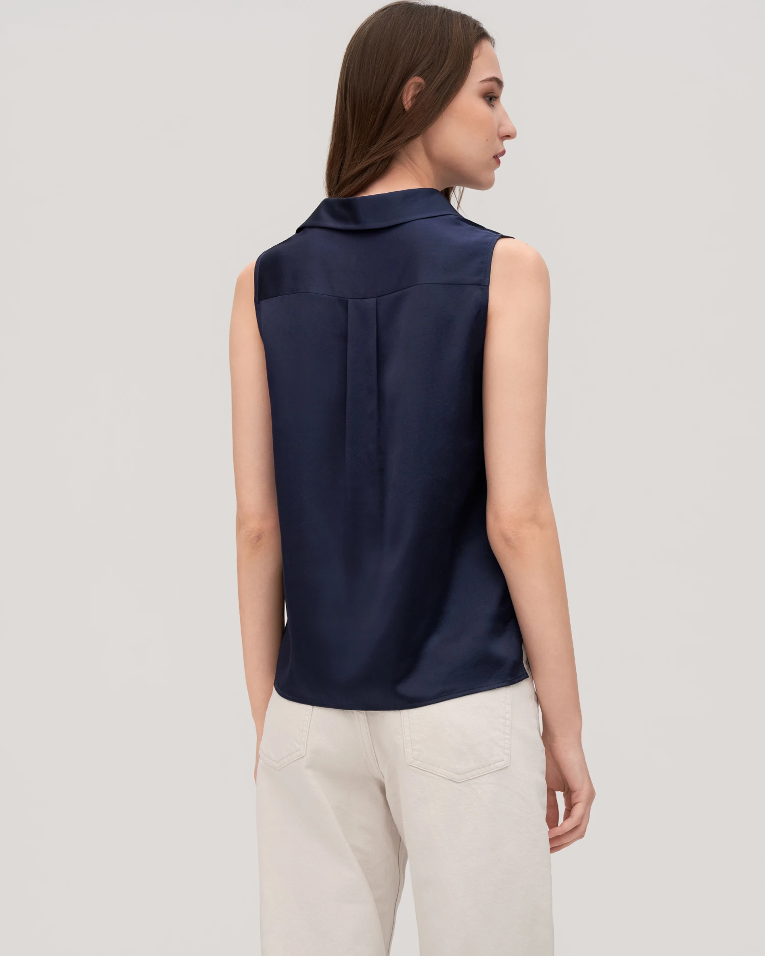 V-Neck Sleeveless Silk Violet Shirt For Women - Image 3