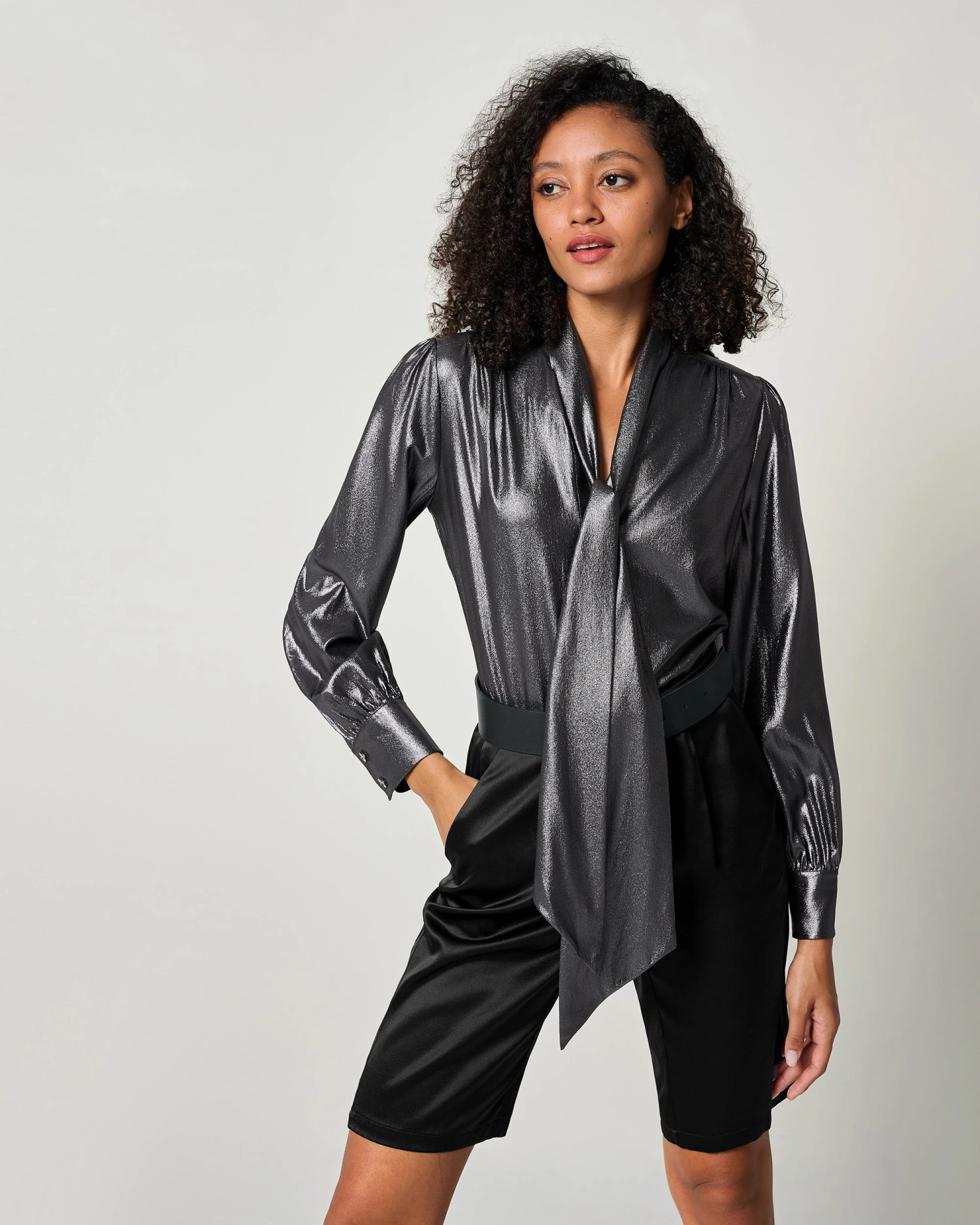 LILYSHEENA® Sophisticated Bow Tie Bronze Silk Blouse - Image 3