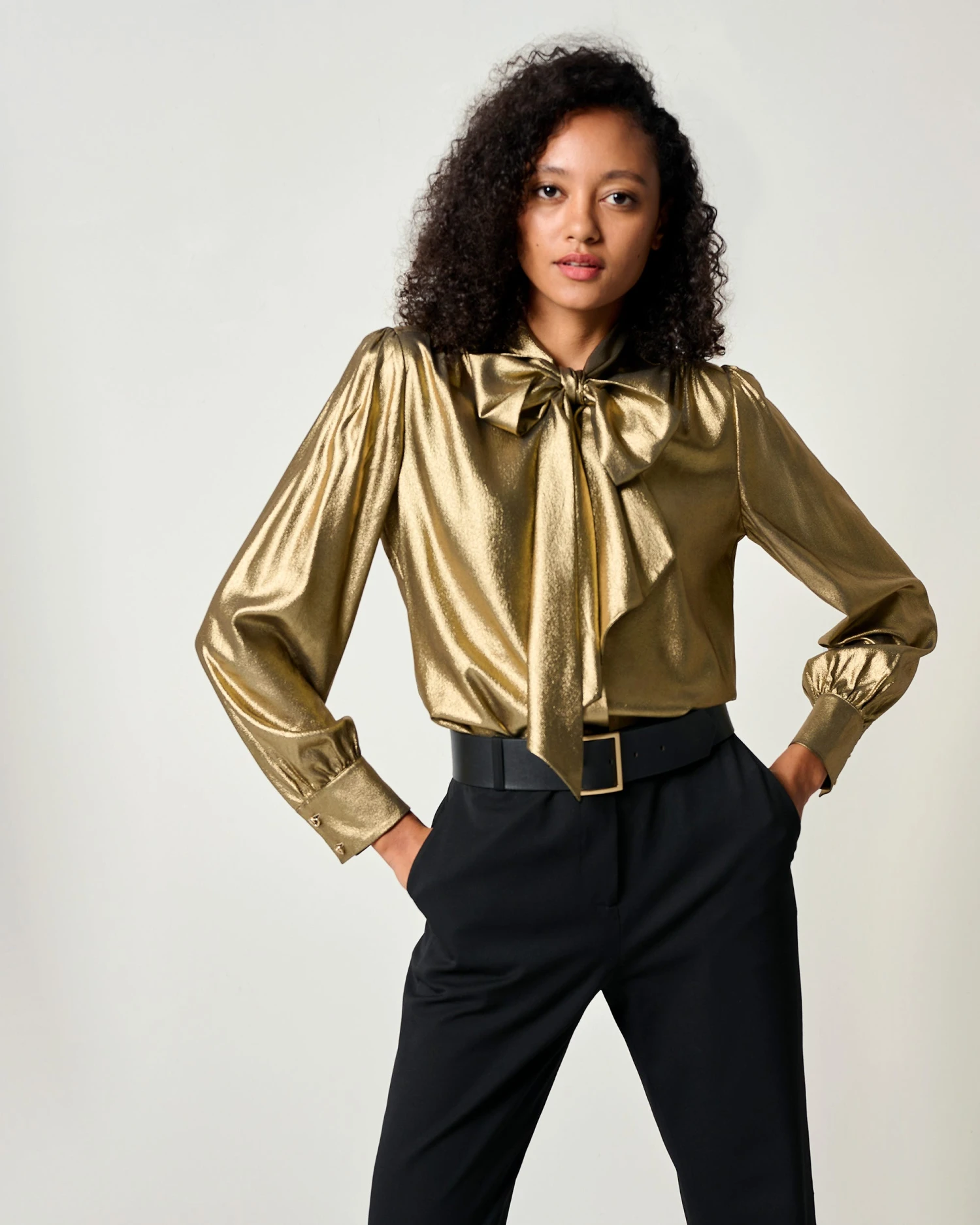 LILYSHEENA® Sophisticated Bow Tie Bronze Silk Blouse - Image 19
