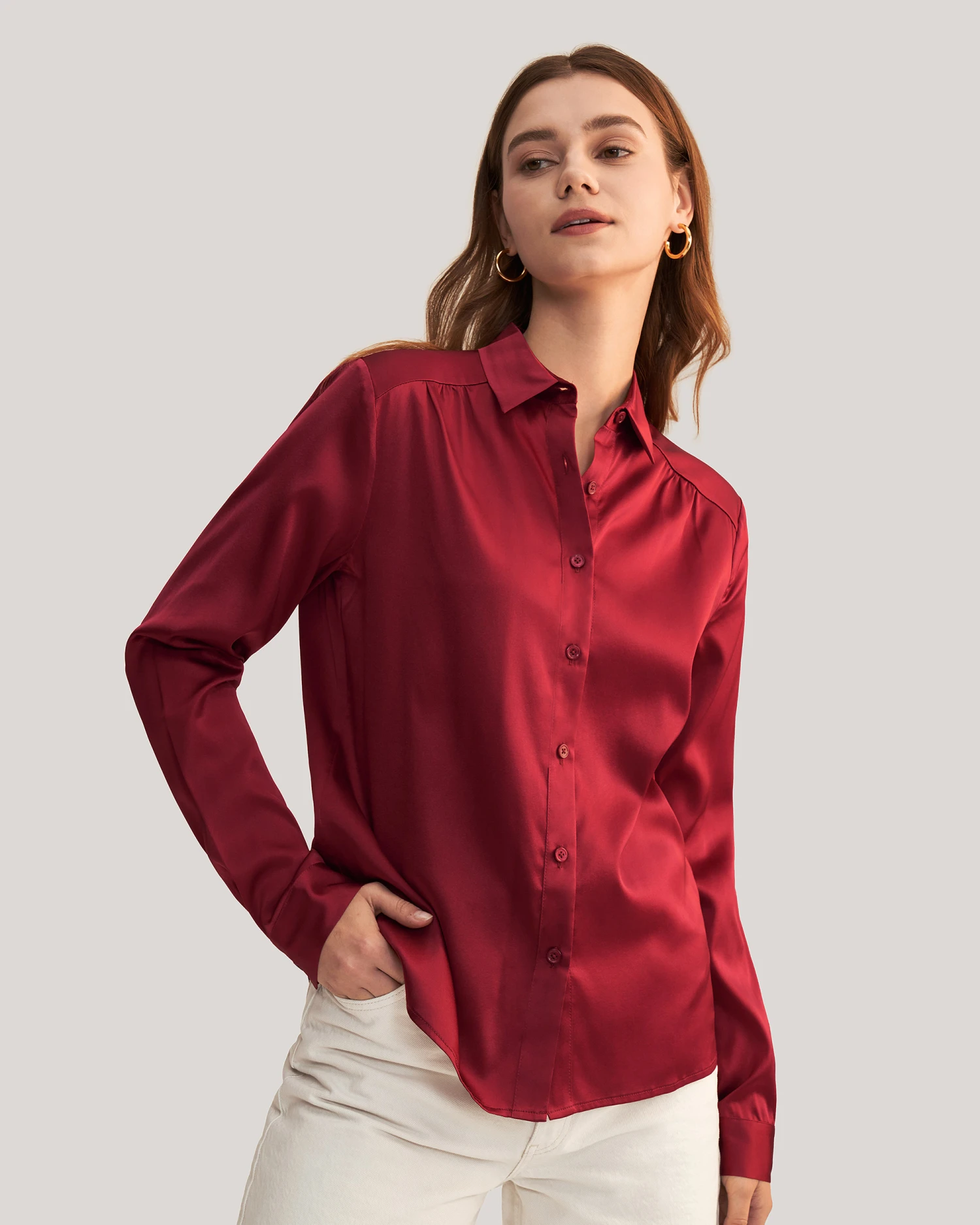 Long Sleeves Collared Silk Blouse For Women - Image 15