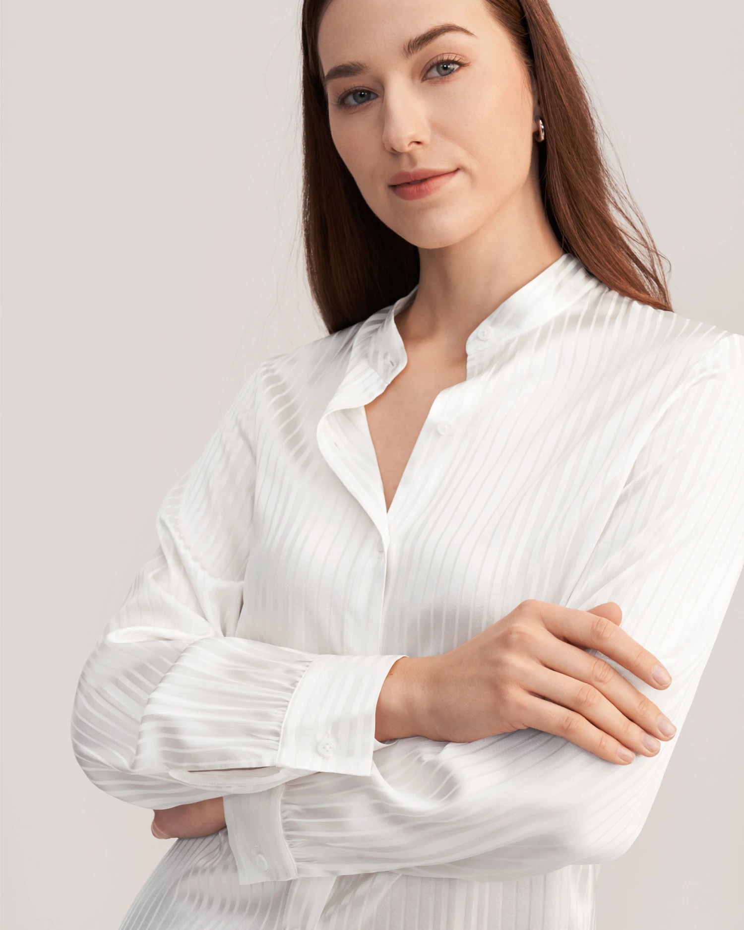 Mandarin Collar Striped Silk Shirt - Image 3