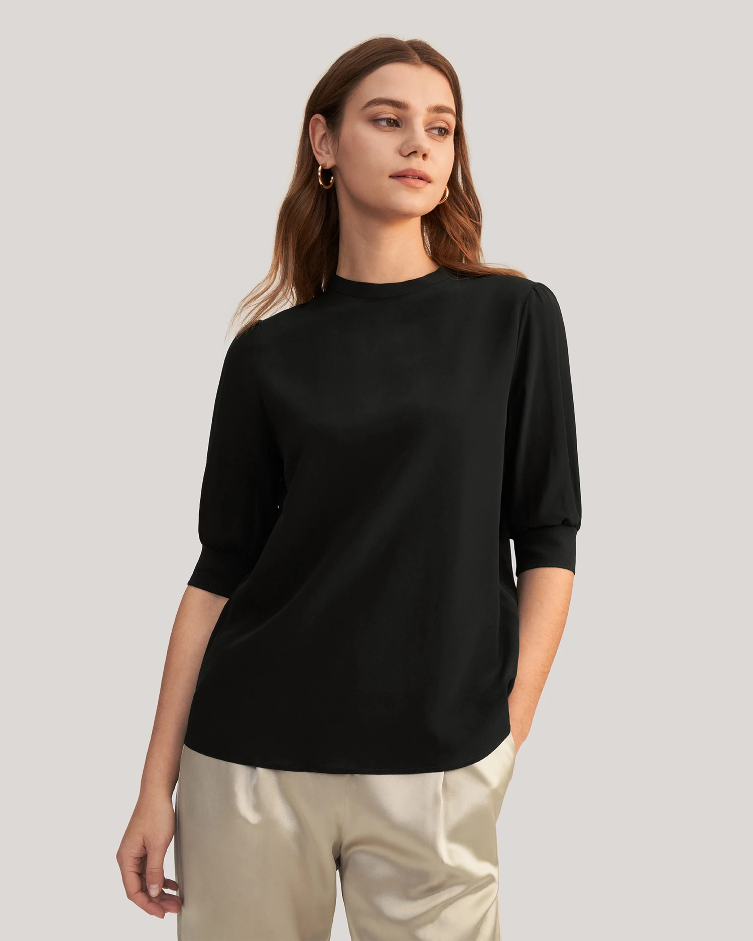 Elegant Casual Silk Tee With Rib Cuff - Image 17
