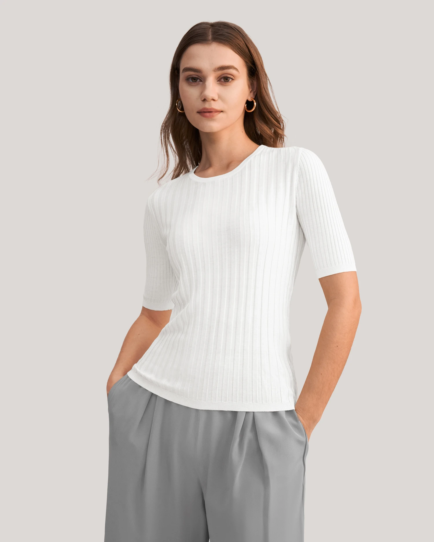 Short Sleeve Basic Silk Knit Tee - Image 3