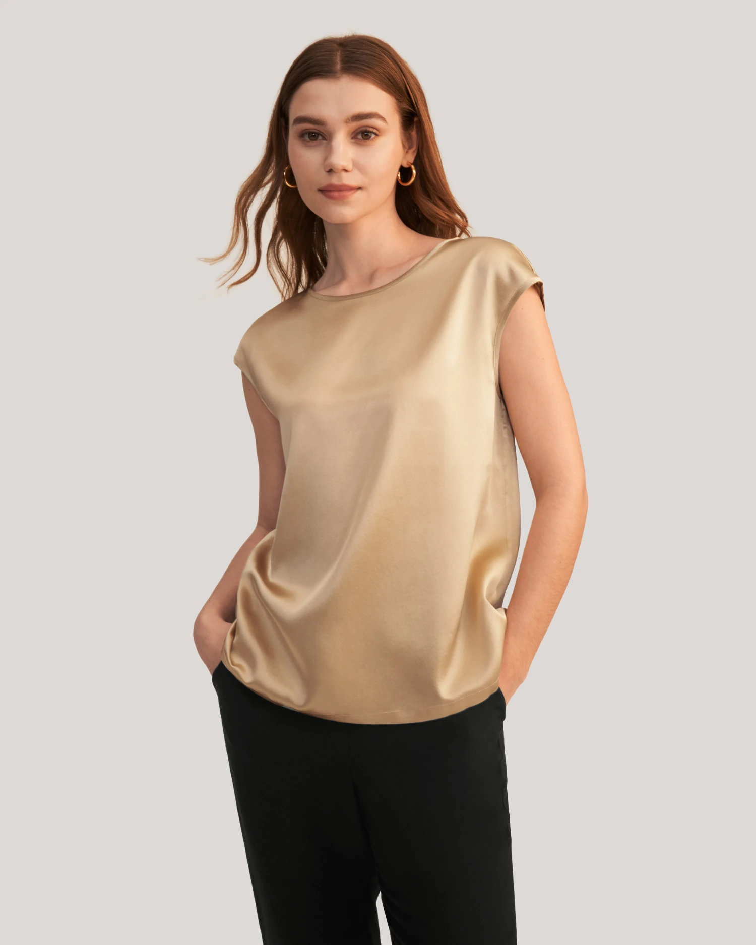 Basic Cap Sleeves Silk Tee For Women - Image 3