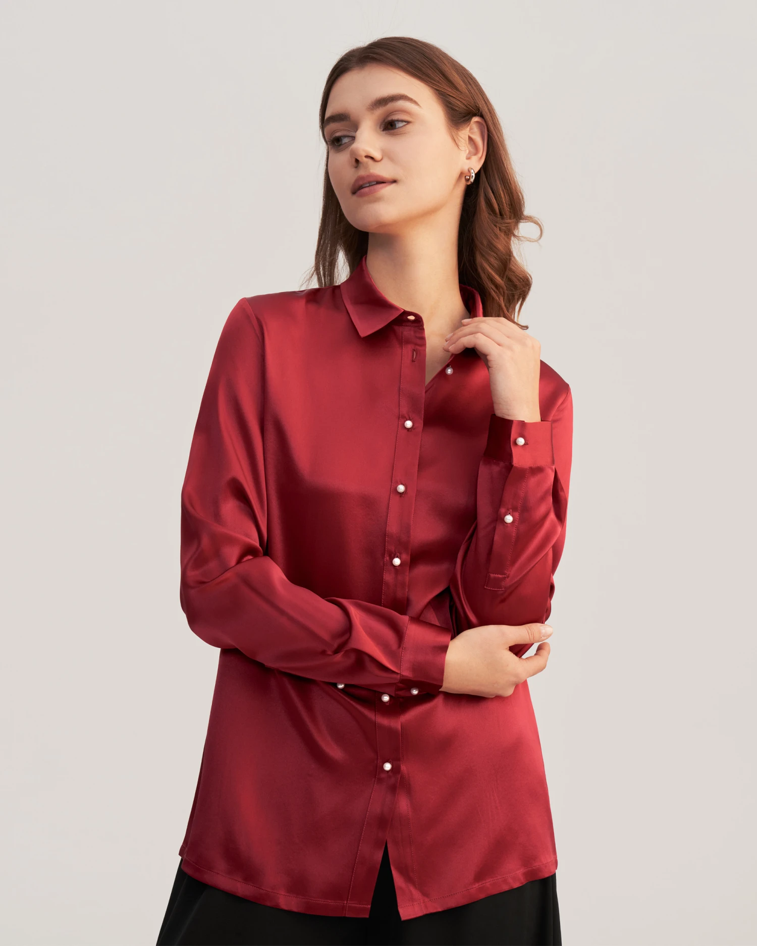 Women Classic Pearl Button Silk Shirt - Image 3