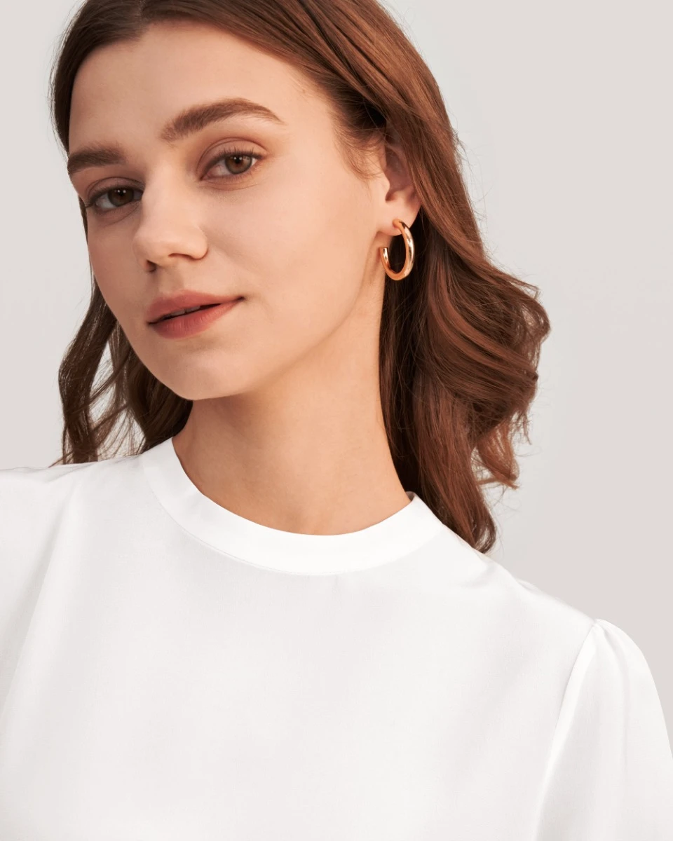 Elegant Casual Silk Tee With Rib Cuff - Image 11