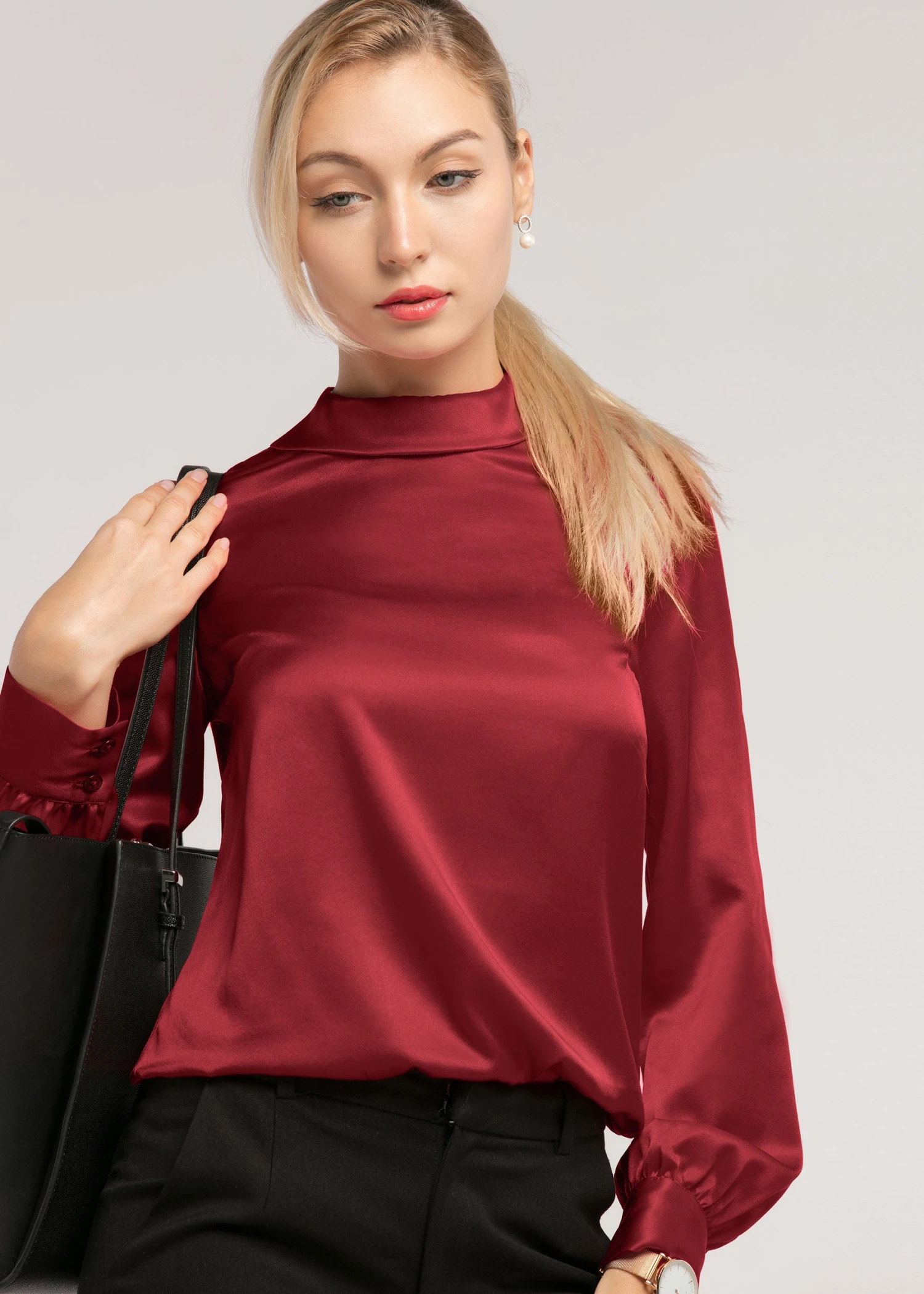 Stand Collar Long Sleeves Silk Blouse - Image 10