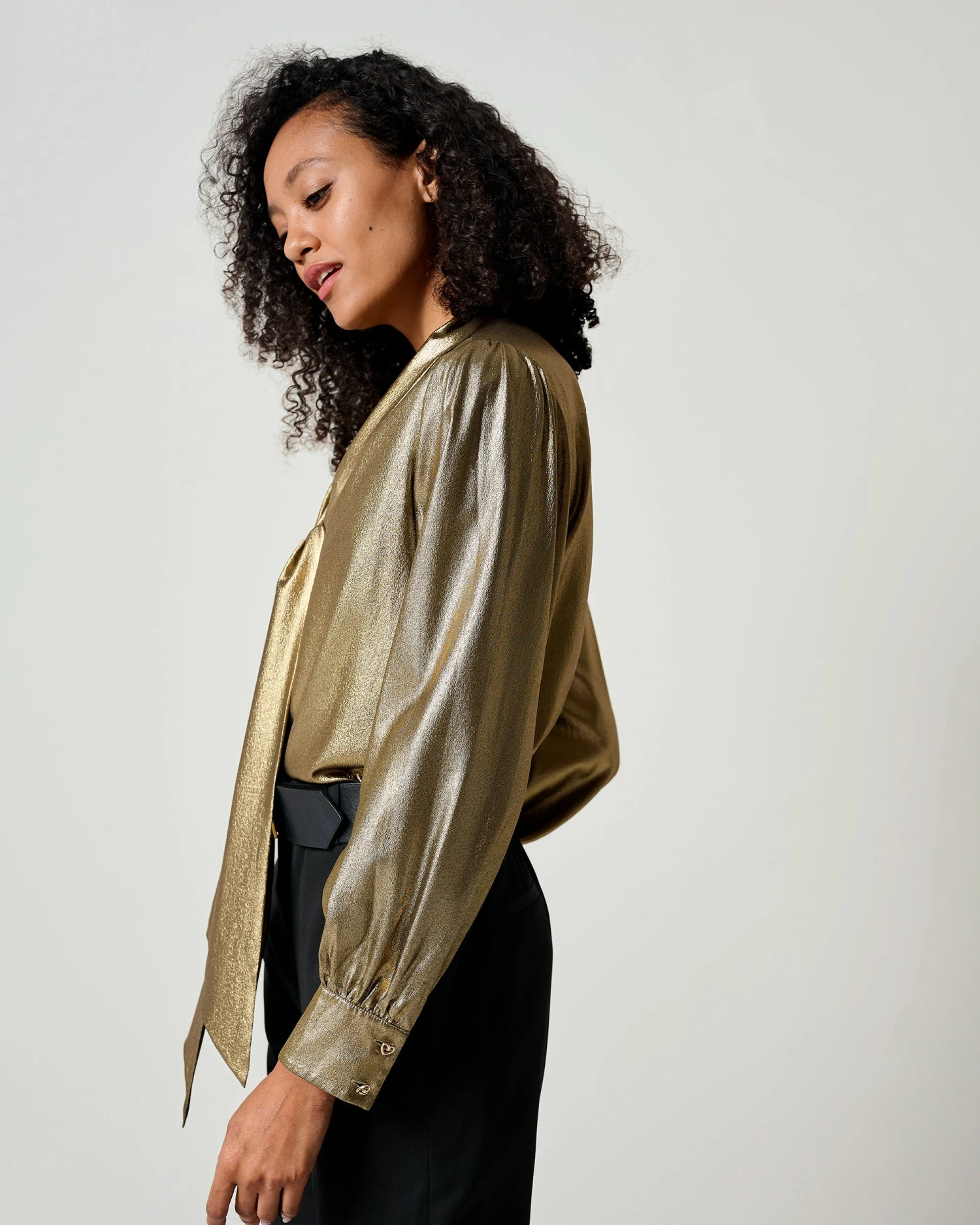 LILYSHEENA® Sophisticated Bow Tie Bronze Silk Blouse - Image 12