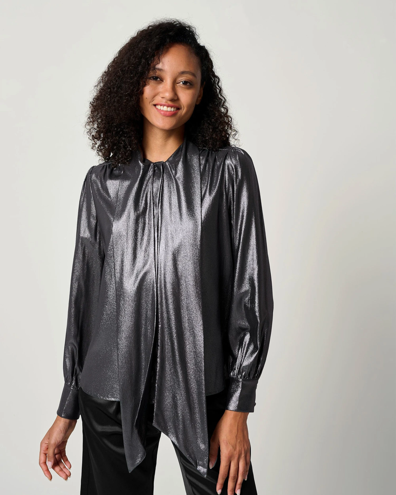 LILYSHEENA® Sophisticated Bow Tie Bronze Silk Blouse - Image 4