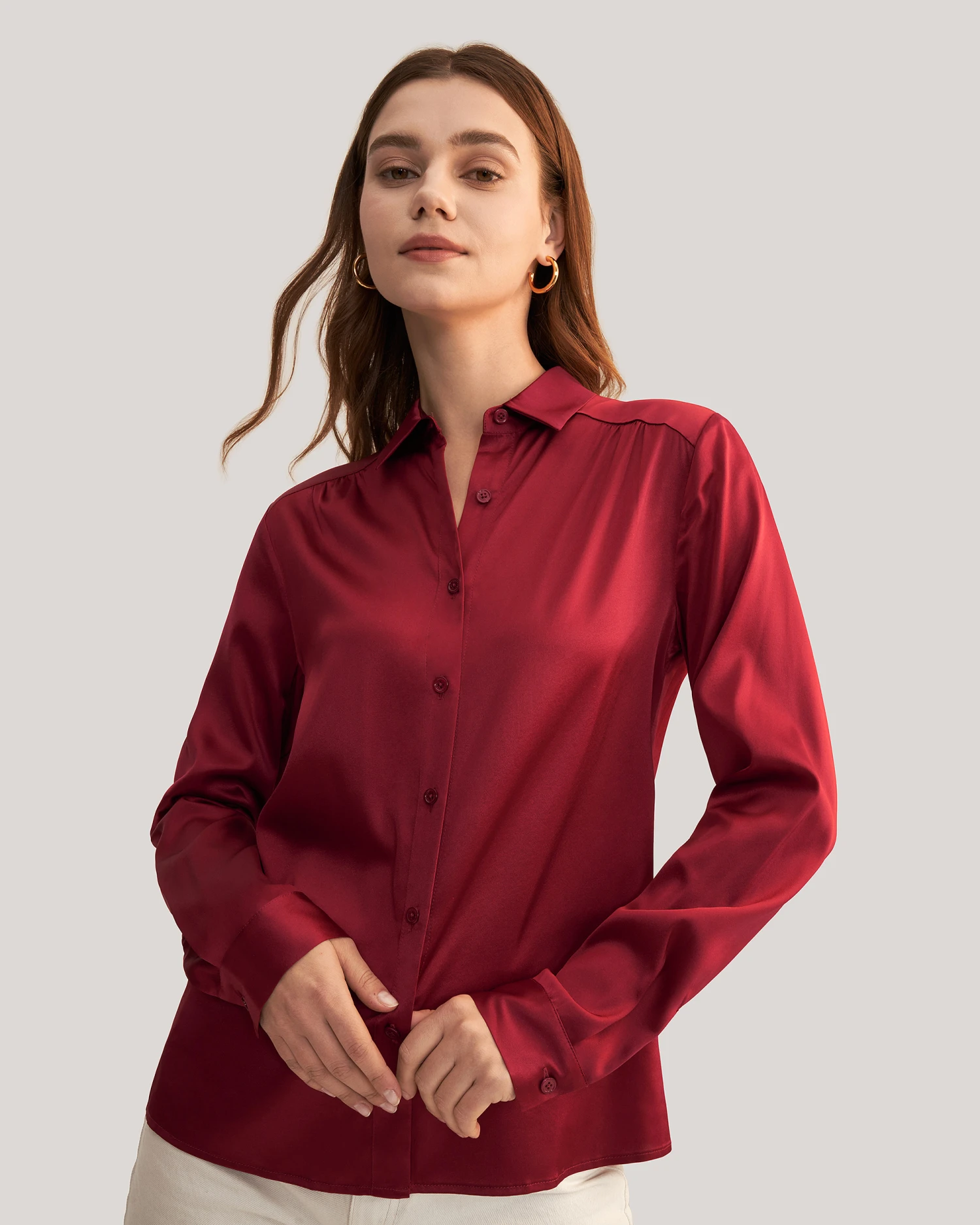 Long Sleeves Collared Silk Blouse For Women - Image 16