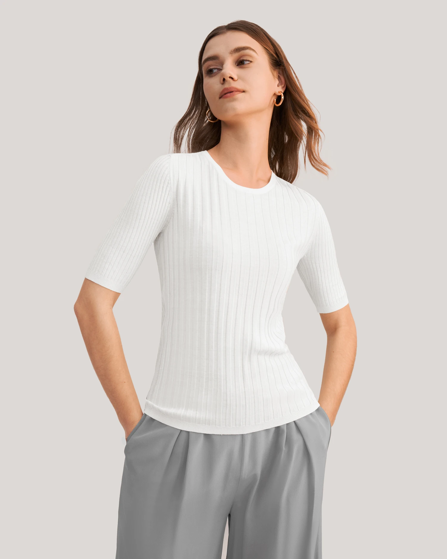 Short Sleeve Basic Silk Knit Tee - Image 4