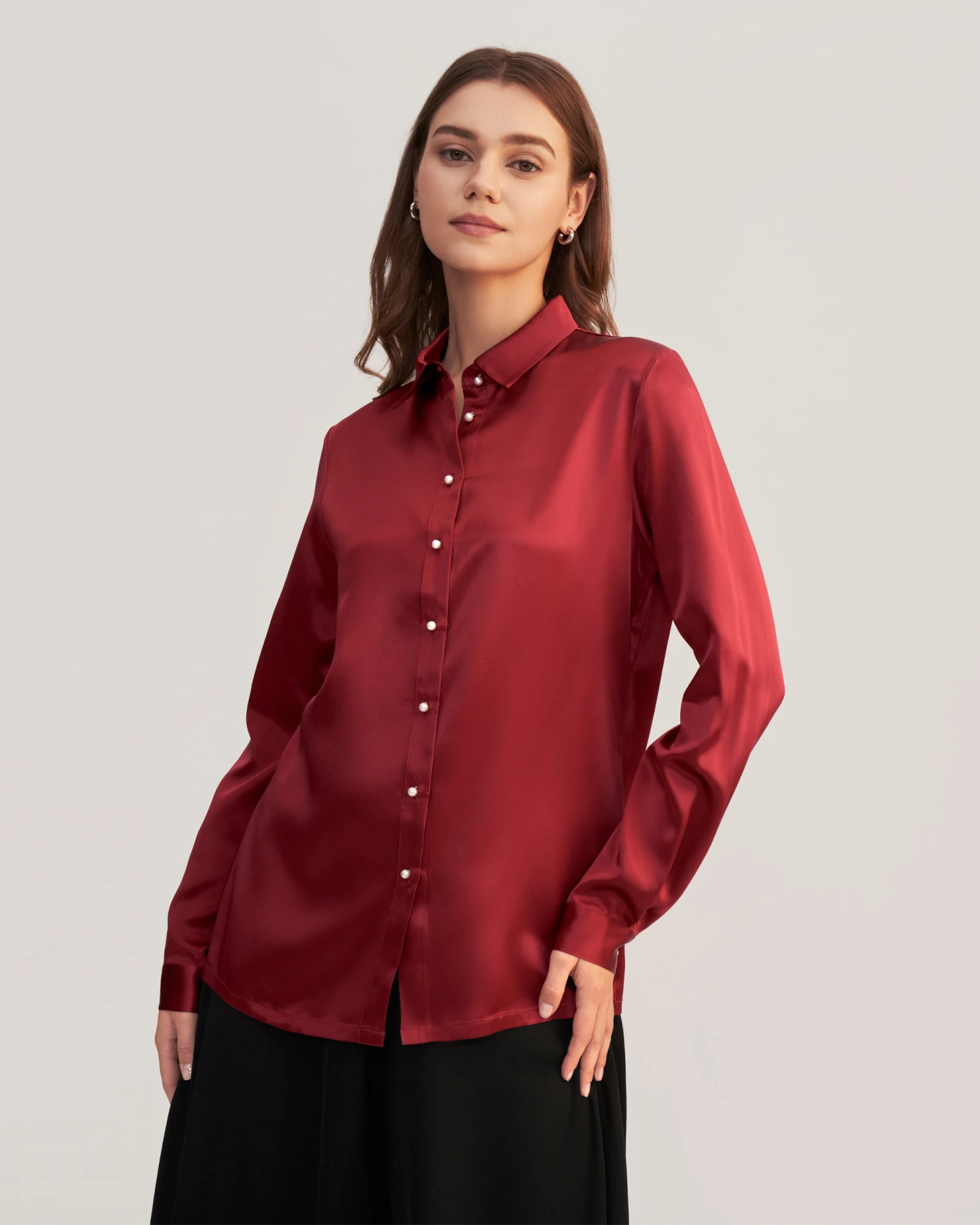 Women Classic Pearl Button Silk Shirt - Image 4