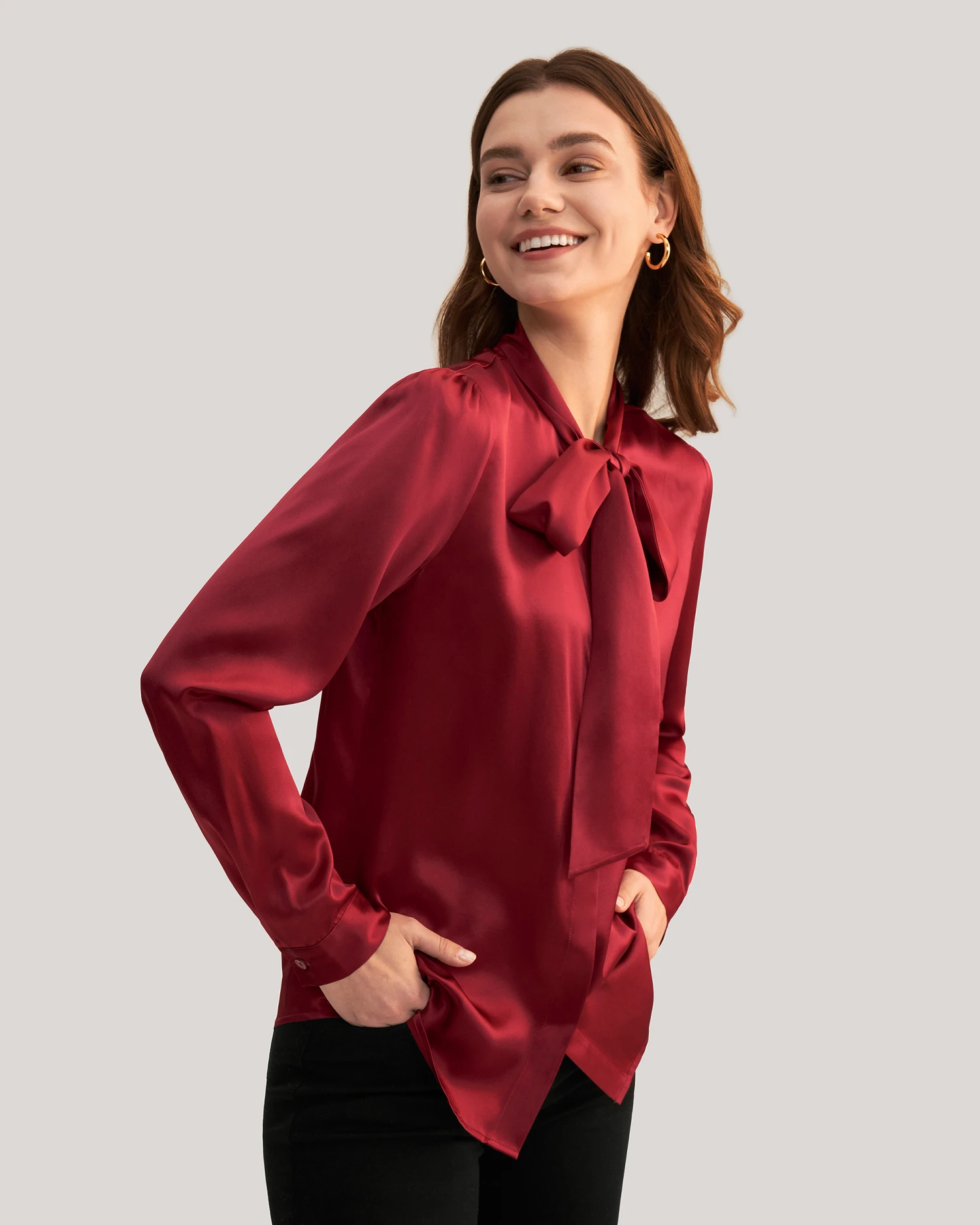 Women Bow-tie Neck Silk Blouse - Image 4