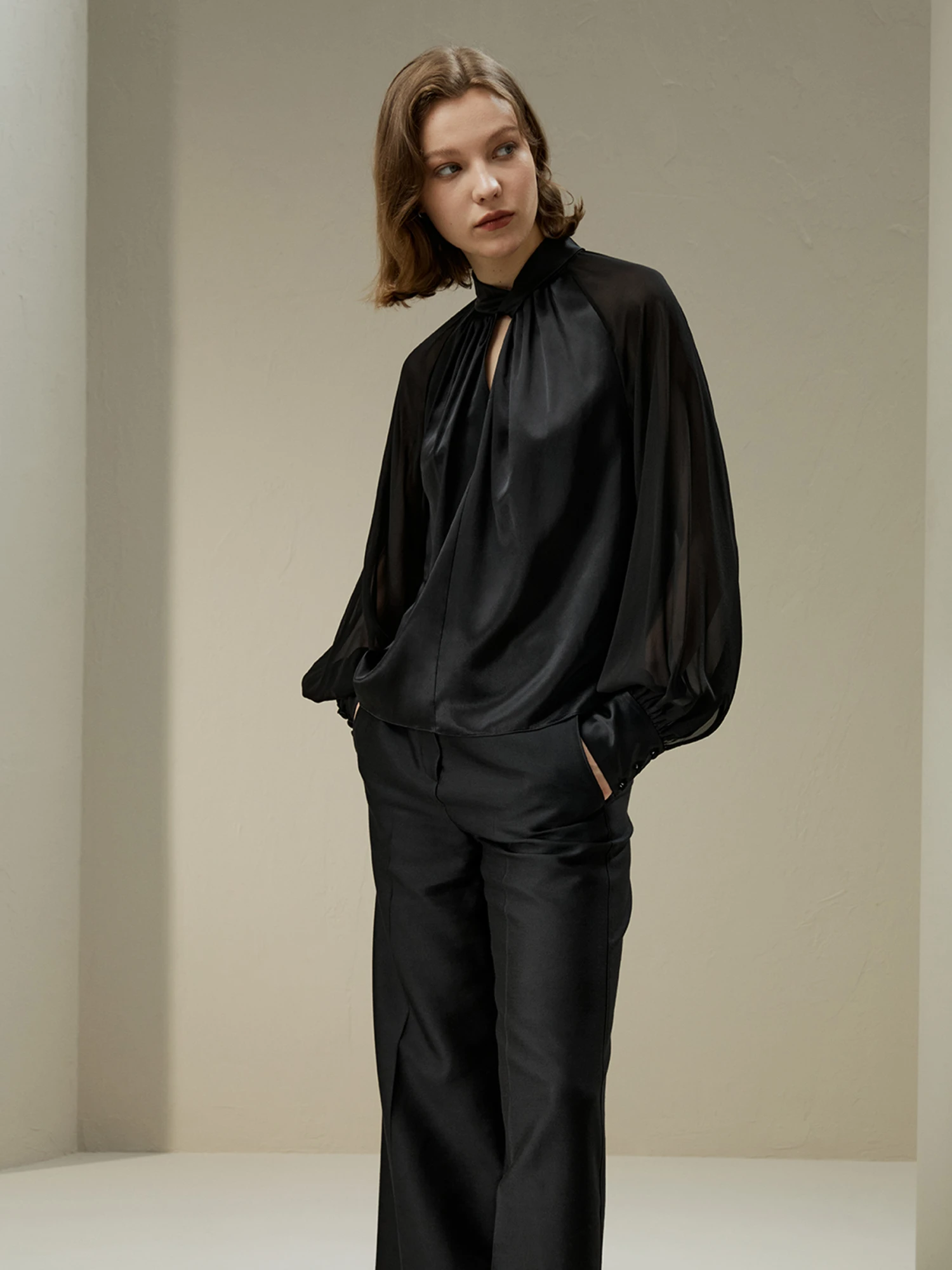 Evelyn Silk Blouse With Semi-Sheer Sleeves - Image 5