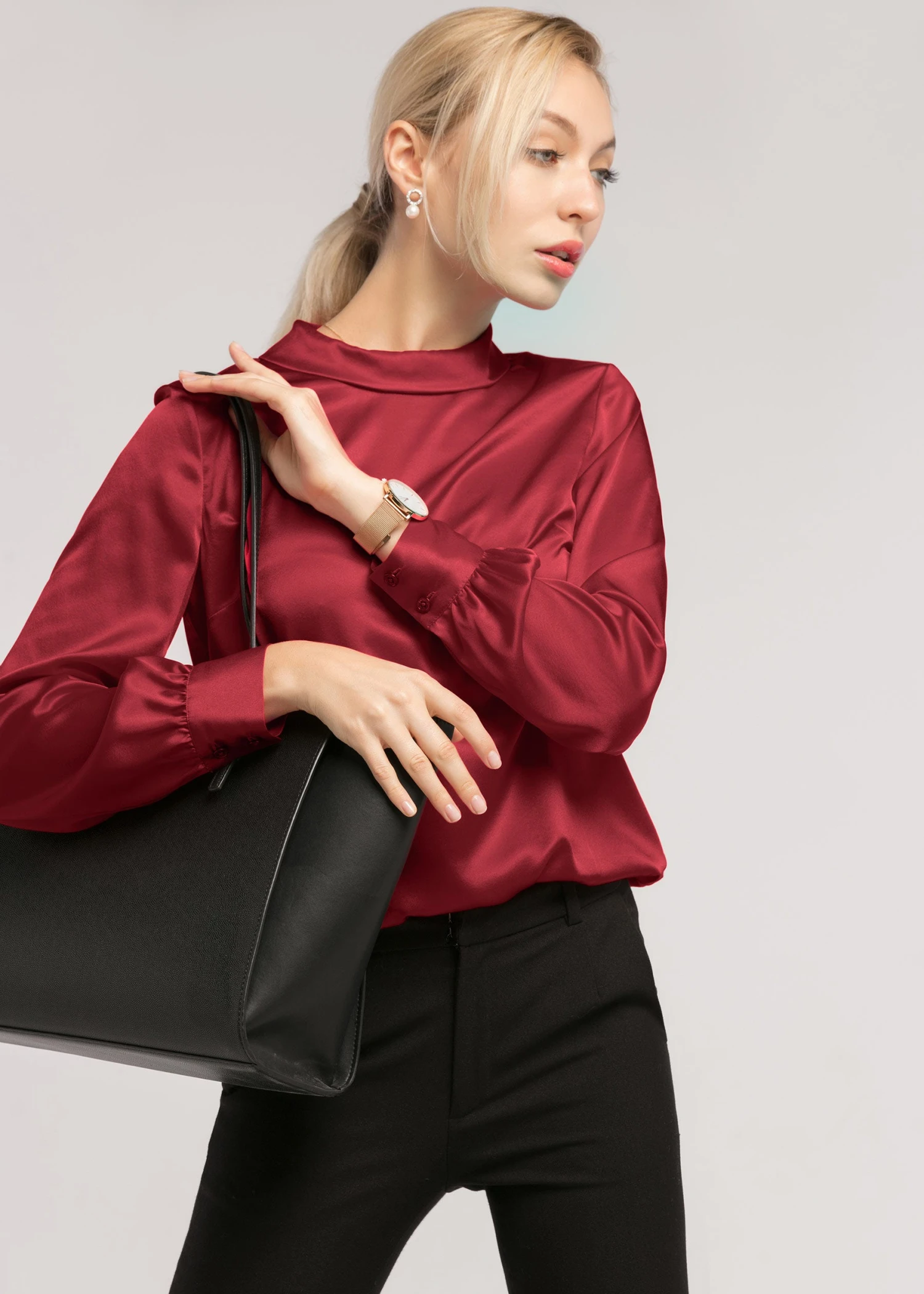 Stand Collar Long Sleeves Silk Blouse - Image 11