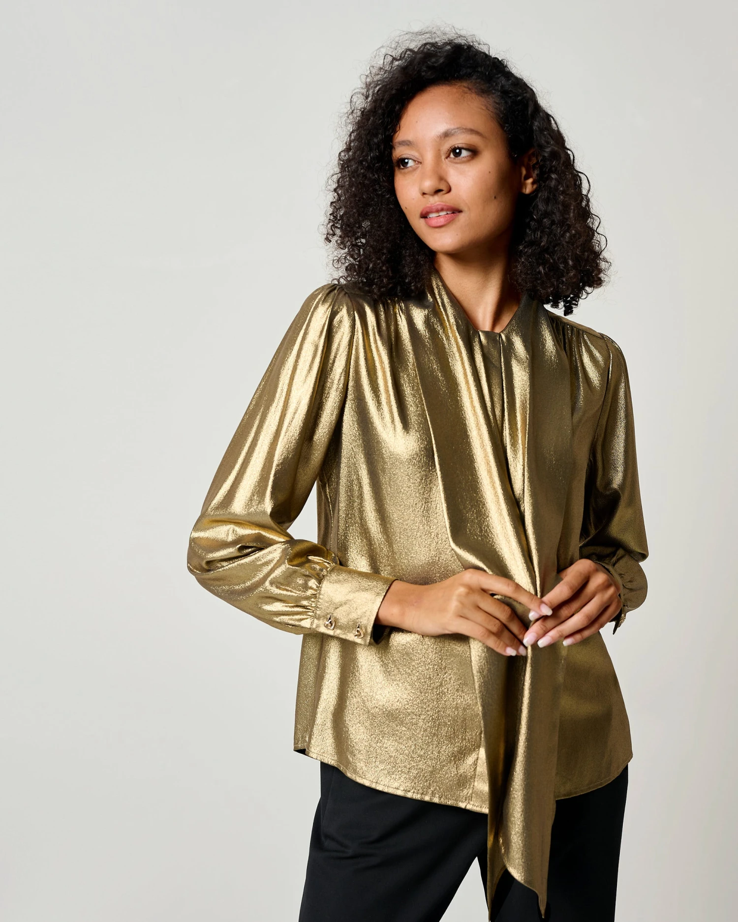 LILYSHEENA® Sophisticated Bow Tie Bronze Silk Blouse - Image 13