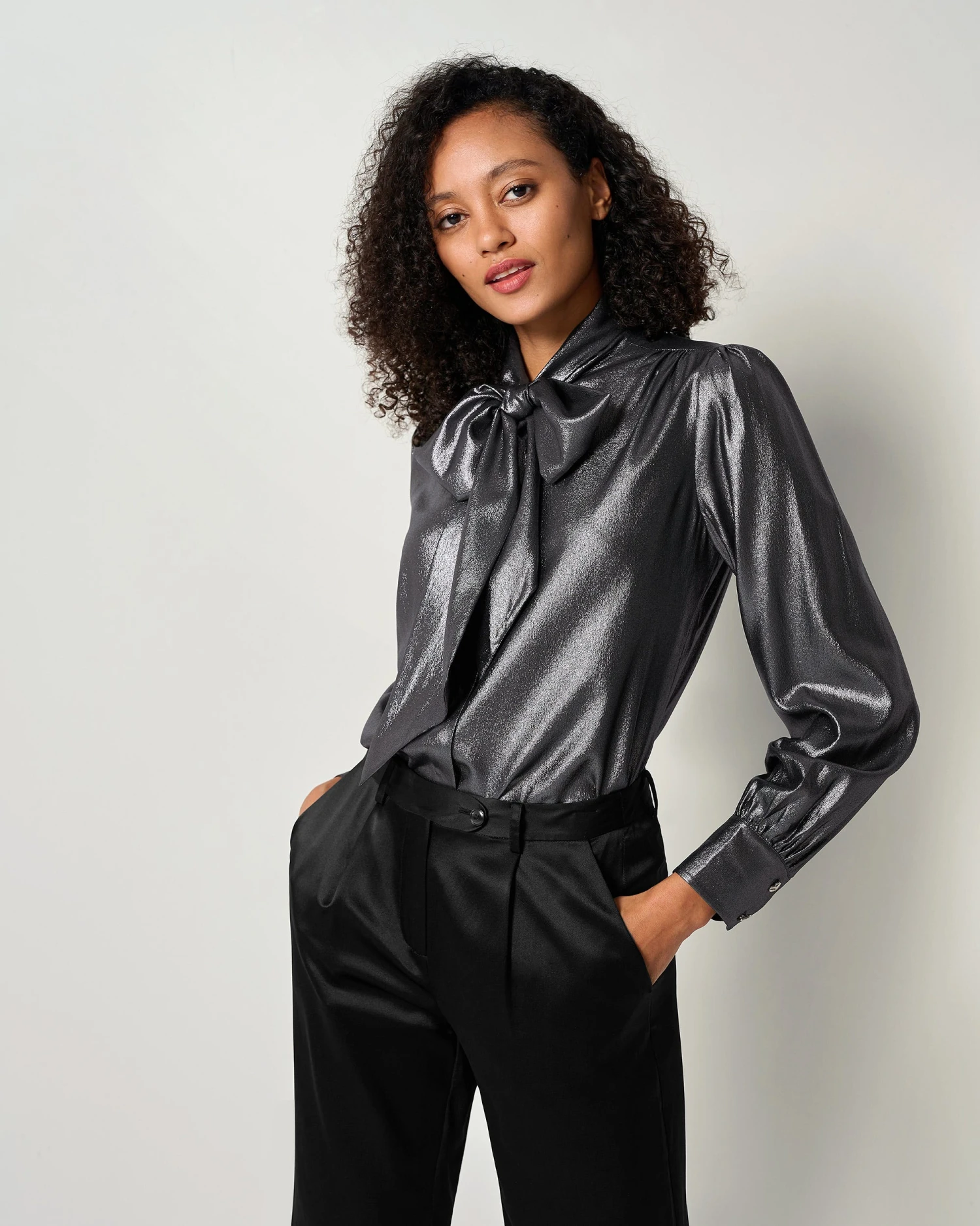 LILYSHEENA® Sophisticated Bow Tie Bronze Silk Blouse - Image 5