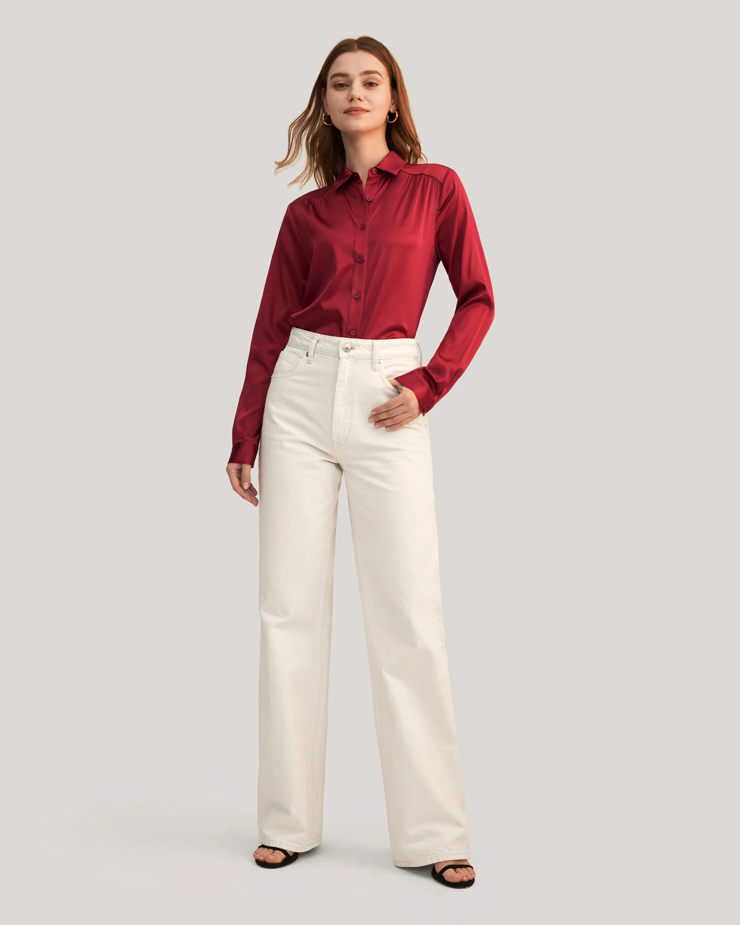 Long Sleeves Collared Silk Blouse For Women - Image 17