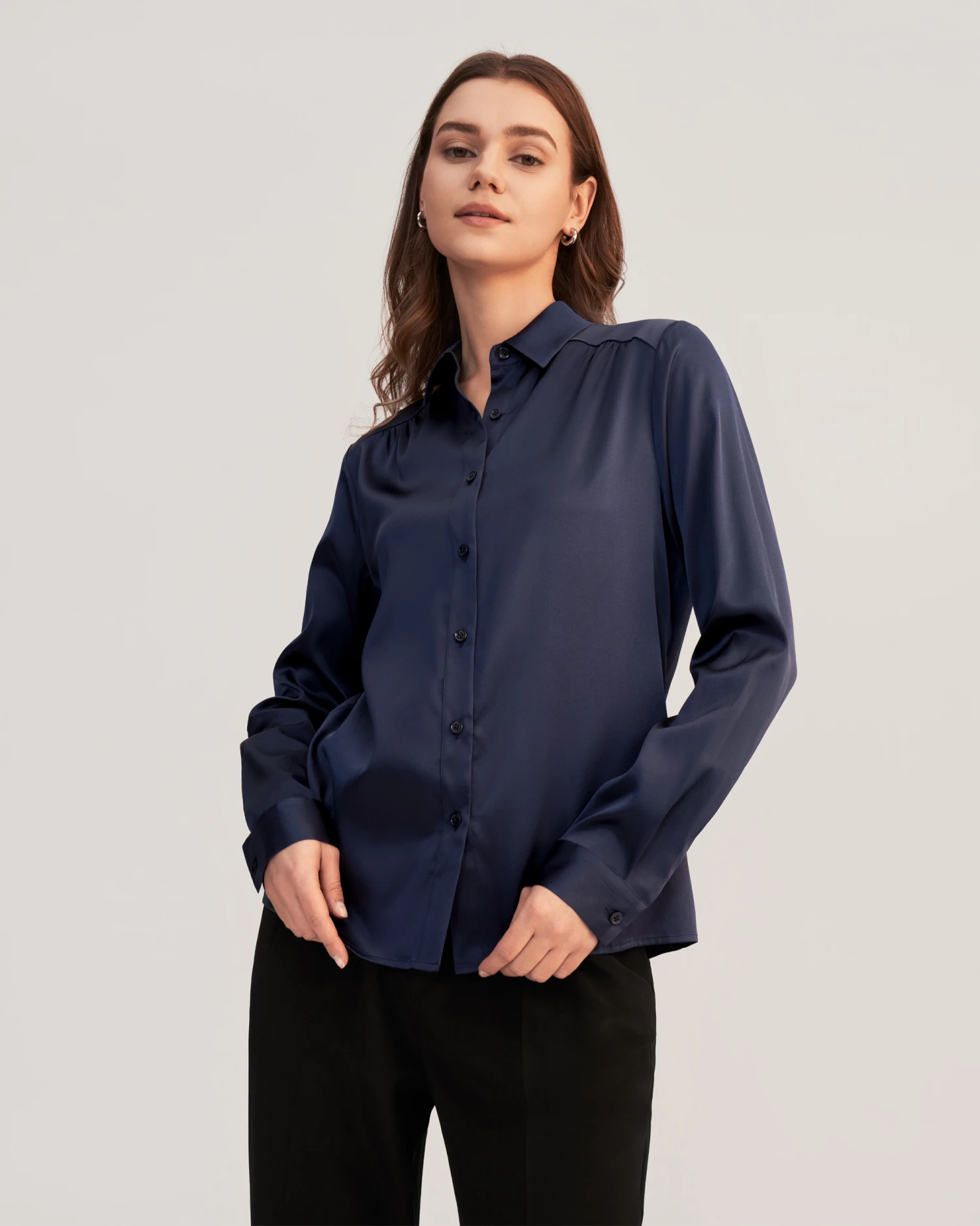 Long Sleeves Collared Silk Blouse For Women - Image 5