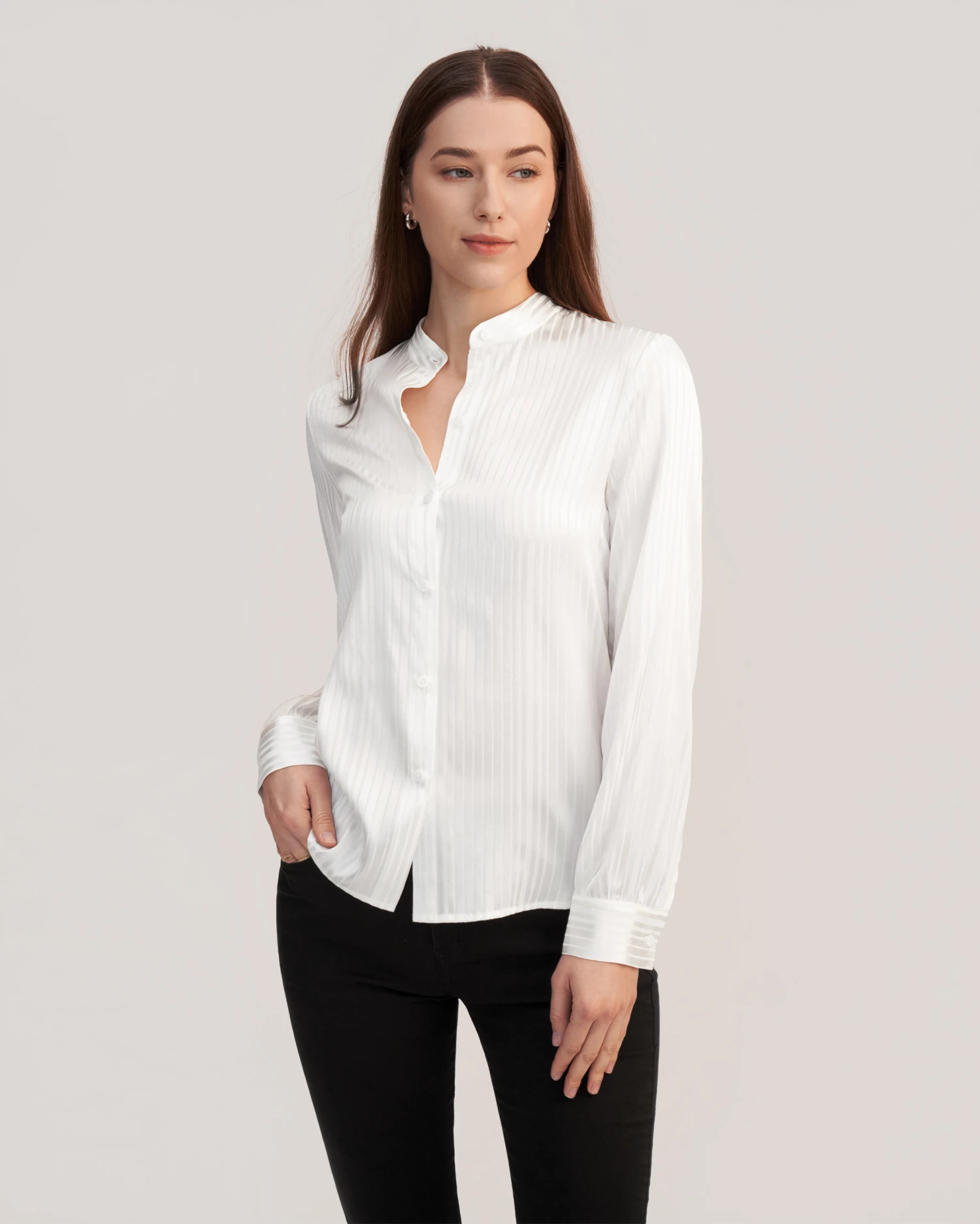 Mandarin Collar Striped Silk Shirt - Image 5