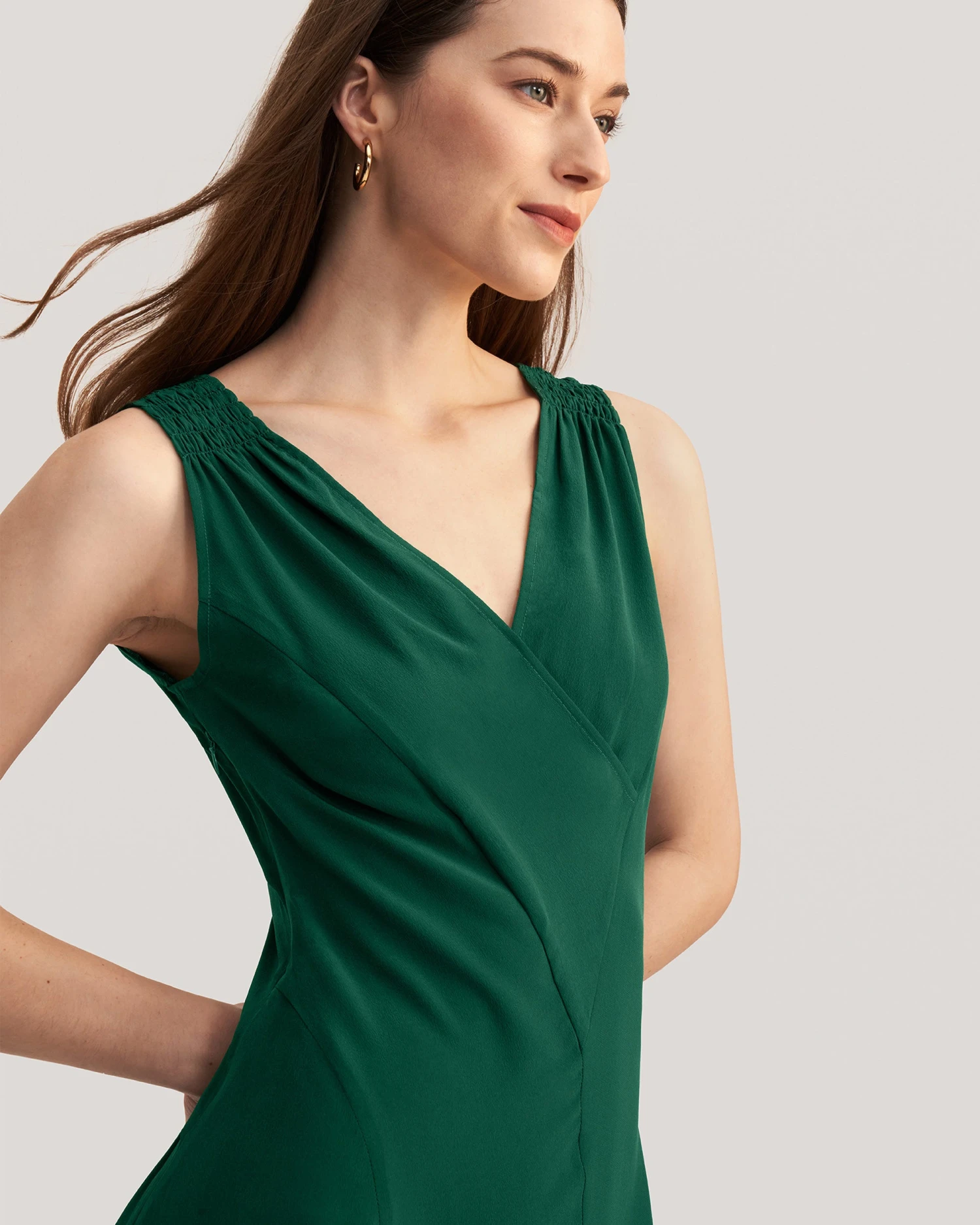 Unique Cutting Silk Dress With Smocking Shoulder - Image 5